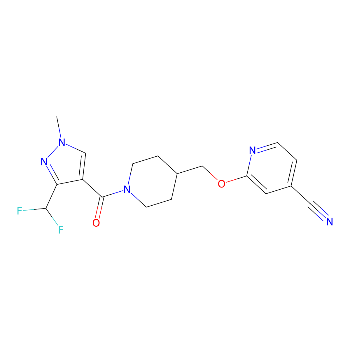 2-({1-[3-(difluoromethyl)-1-methyl-1H-pyrazole-4-carbonyl]piperidin-4-yl}methoxy)pyridine-4-carbonitrile molecular structure, CAS 2379976-51-7