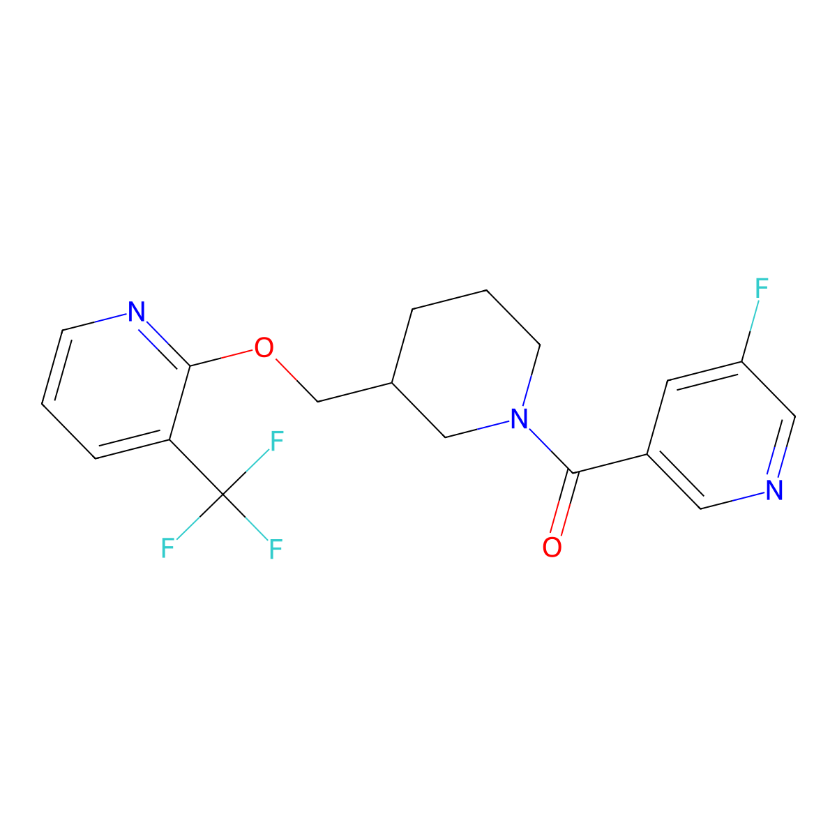 3-Fluoro-5-[3-({[3-(trifluoromethyl)pyridin-2-yl]oxy}methyl)piperidine-1-carbonyl]pyridine molecular structure, CAS 2379976-56-2