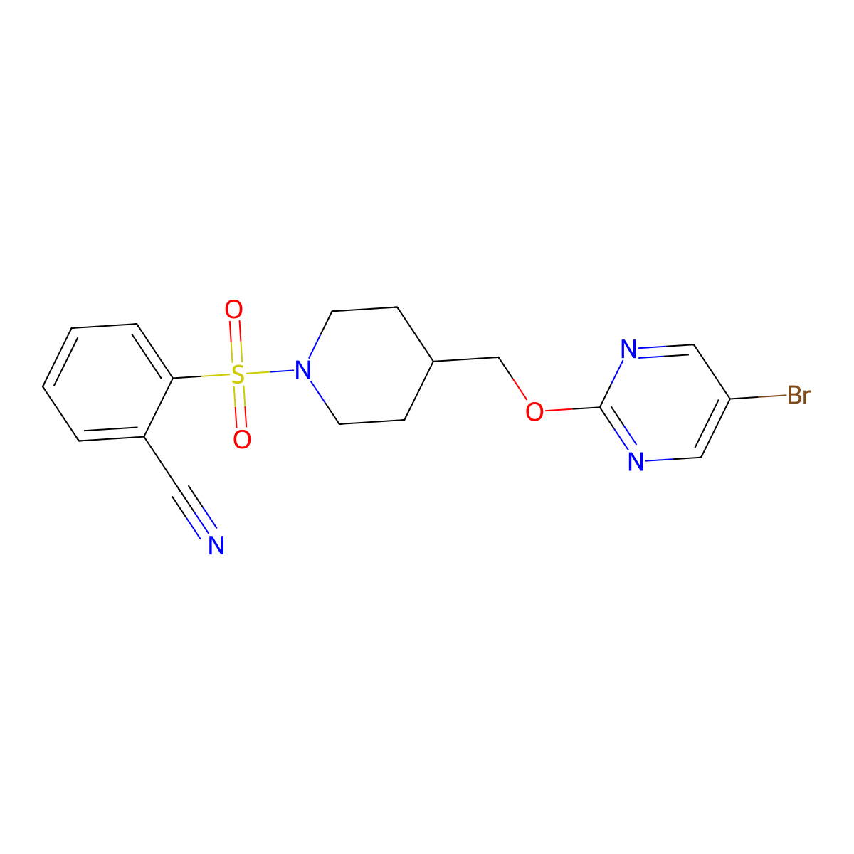 2-[4-[(5-Bromopyrimidin-2-yl)oxymethyl]piperidin-1-yl]sulfonylbenzonitrile molecular structure, CAS 2379976-60-8