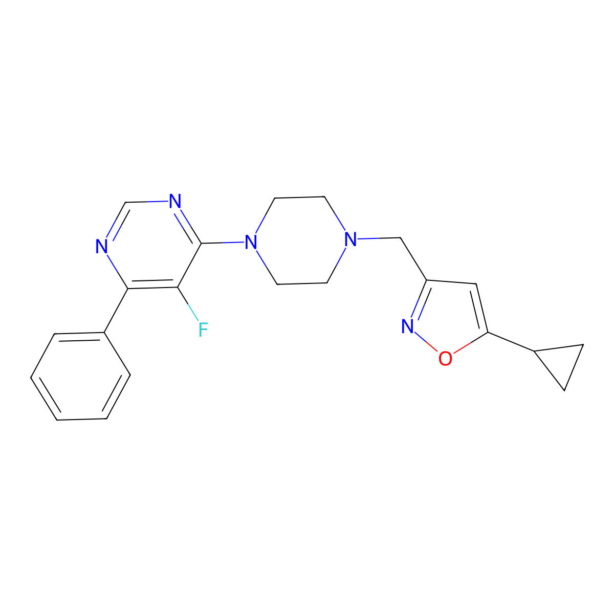 4-{4-[(5-Cyclopropyl-1,2-oxazol-3-yl)methyl]piperazin-1-yl}-5-fluoro-6-phenylpyrimidine molecular structure, CAS 2379976-61-9