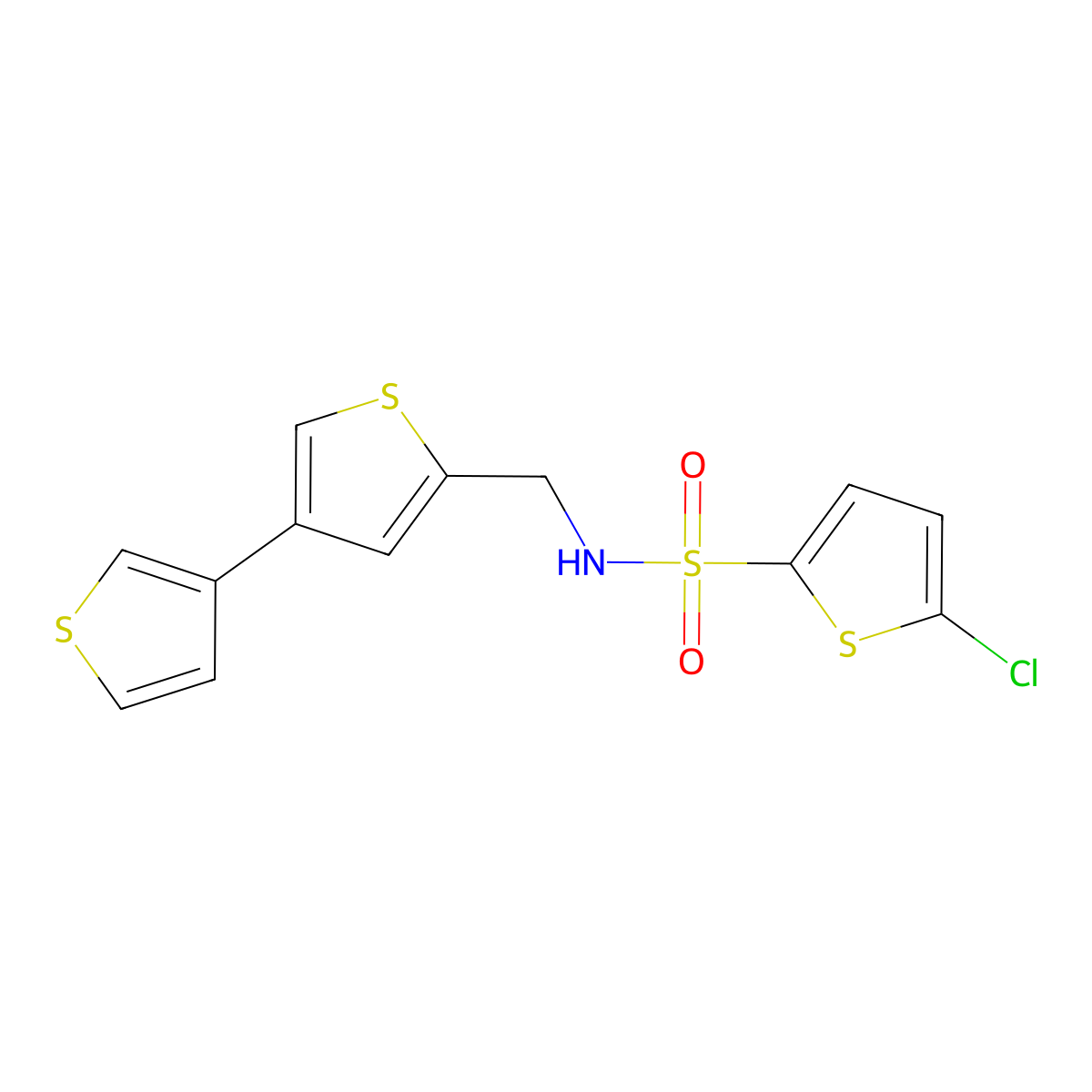 N-({[3,3'-bithiophene]-5-yl}methyl)-5-chlorothiophene-2-sulfonamide molecular structure, CAS 2379976-71-1