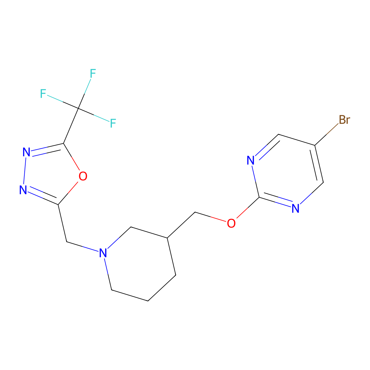 5-Bromo-2-[(1-{[5-(trifluoromethyl)-1,3,4-oxadiazol-2-yl]methyl}piperidin-3-yl)methoxy]pyrimidine molecular structure, CAS 2379976-75-5