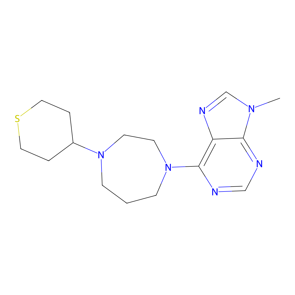 9-methyl-6-[4-(thian-4-yl)-1,4-diazepan-1-yl]-9H-purine molecular structure, CAS 2379976-76-6