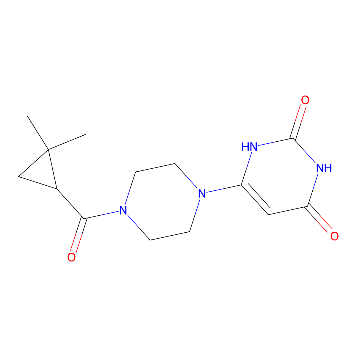 6-[4-(2,2-Dimethylcyclopropanecarbonyl)piperazin-1-yl]-1,2,3,4-tetrahydropyrimidine-2,4-dione molecular structure, CAS 2379976-81-3