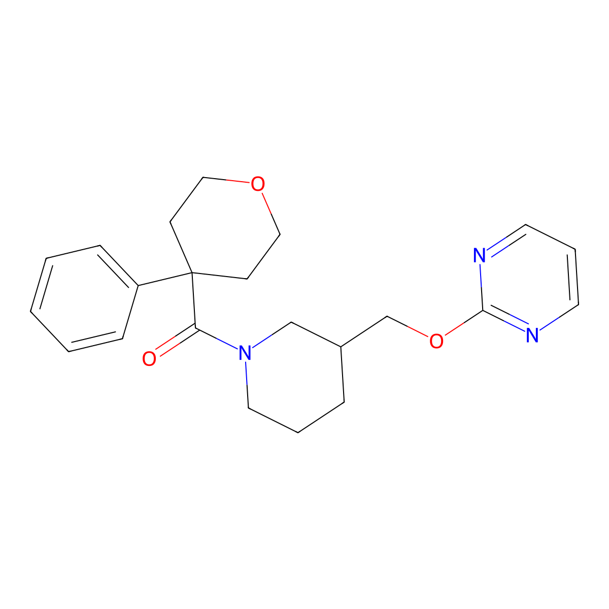 2-{[1-(4-Phenyloxane-4-carbonyl)piperidin-3-yl]methoxy}pyrimidine molecular structure, CAS 2379976-89-1