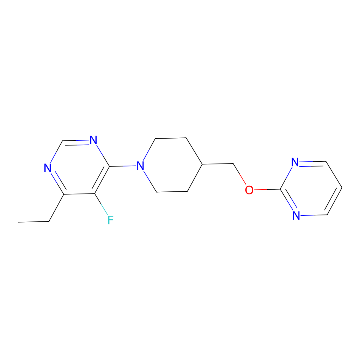 4-Ethyl-5-fluoro-6-{4-[(pyrimidin-2-yloxy)methyl]piperidin-1-yl}pyrimidine molecular structure, CAS 2379976-91-5