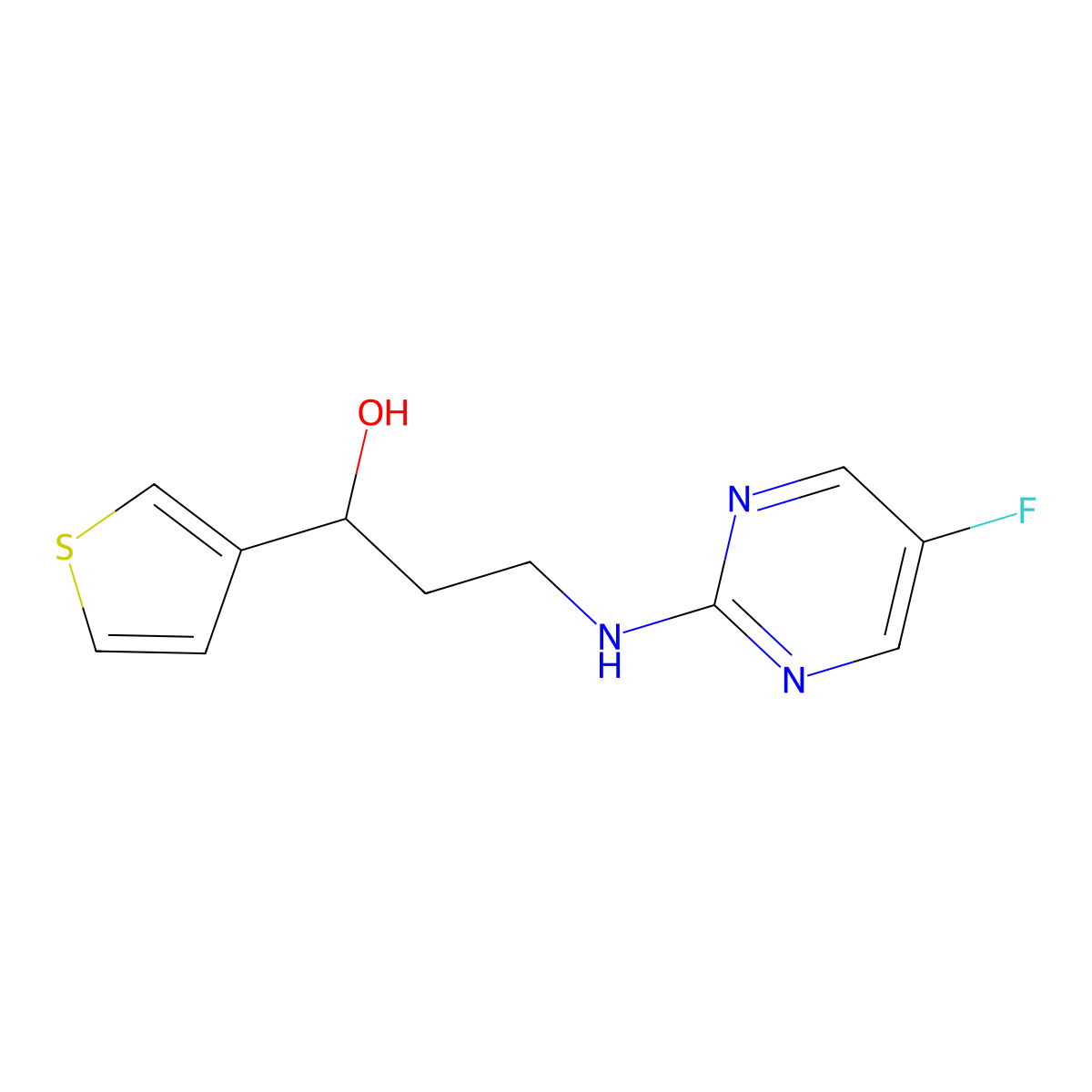 3-[(5-Fluoropyrimidin-2-yl)amino]-1-(thiophen-3-yl)propan-1-ol molecular structure, CAS 2379977-15-6