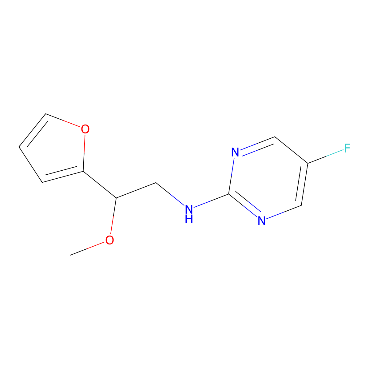 5-Fluoro-N-[2-(furan-2-yl)-2-methoxyethyl]pyrimidin-2-amine molecular structure, CAS 2379977-18-9
