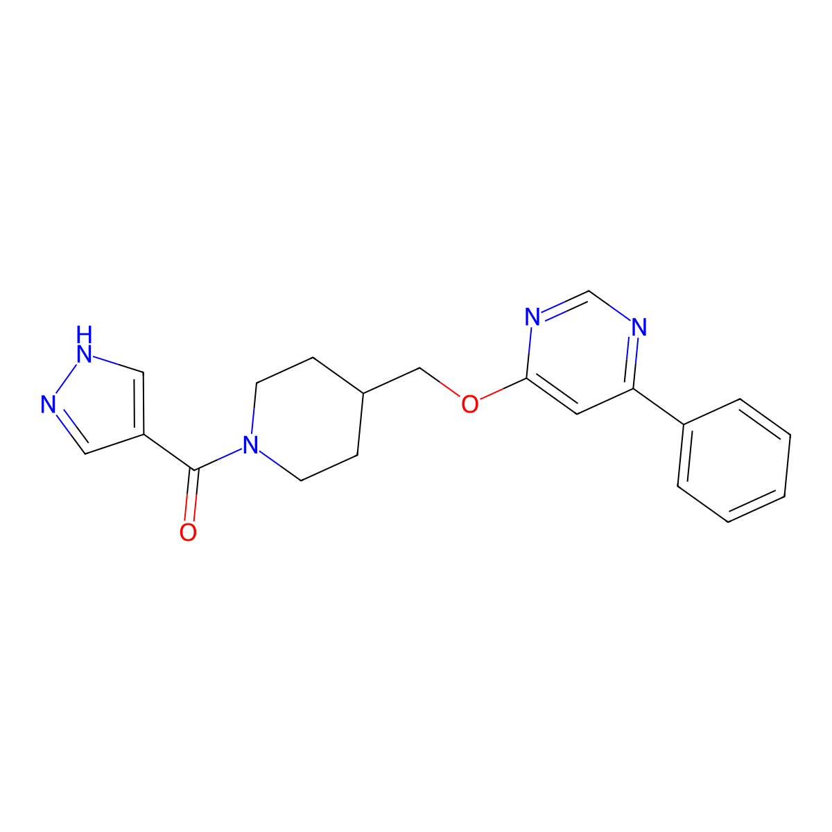 4-phenyl-6-{[1-(1H-pyrazole-4-carbonyl)piperidin-4-yl]methoxy}pyrimidine molecular structure, CAS 2379977-24-7