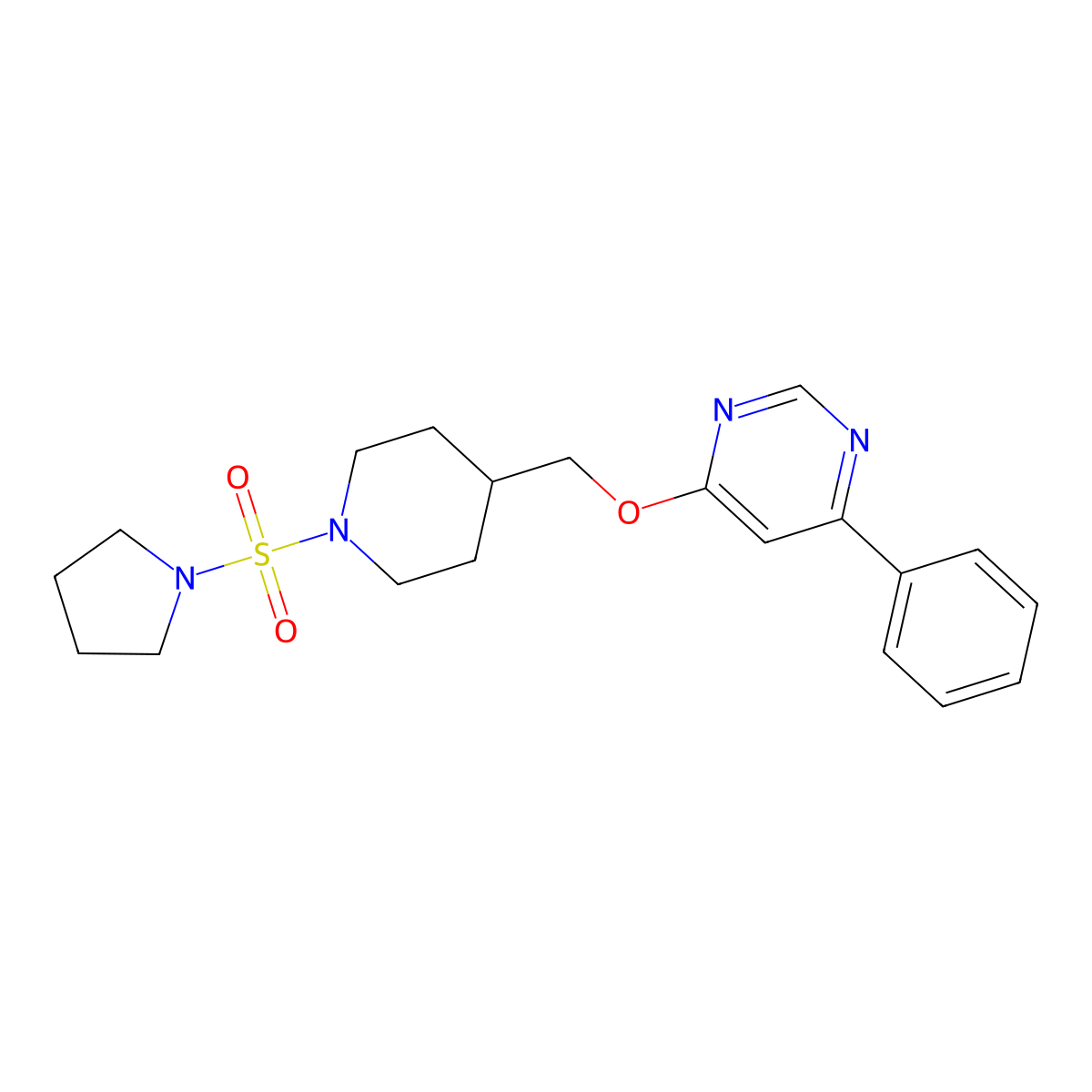 4-Phenyl-6-{[1-(pyrrolidine-1-sulfonyl)piperidin-4-yl]methoxy}pyrimidine molecular structure, CAS 2379977-25-8