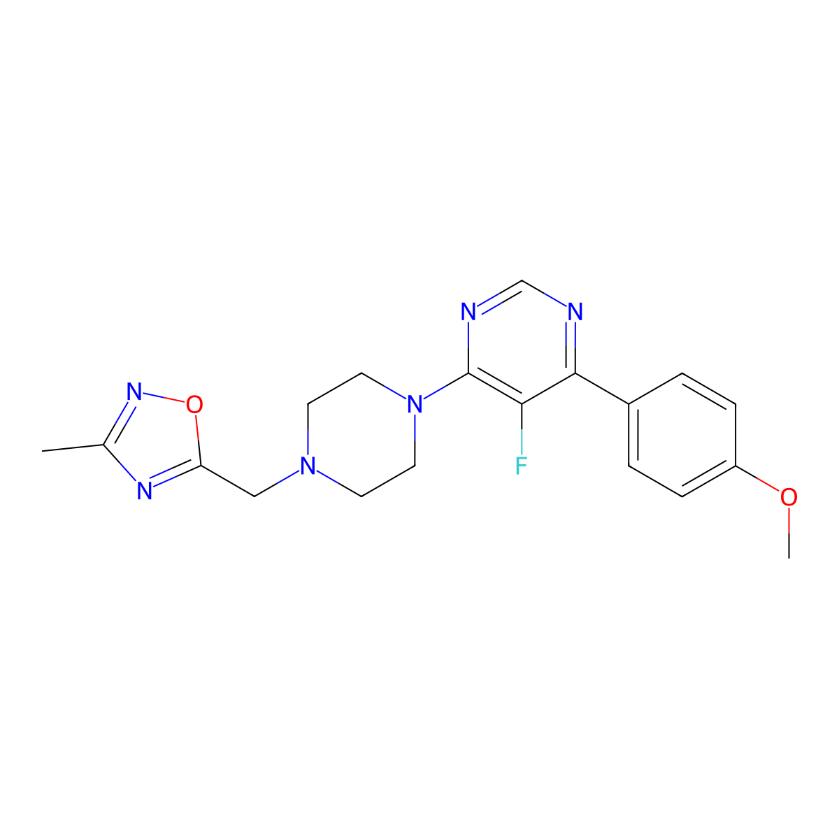 5-Fluoro-4-(4-methoxyphenyl)-6-{4-[(3-methyl-1,2,4-oxadiazol-5-yl)methyl]piperazin-1-yl}pyrimidine molecular structure, CAS 2379977-40-7