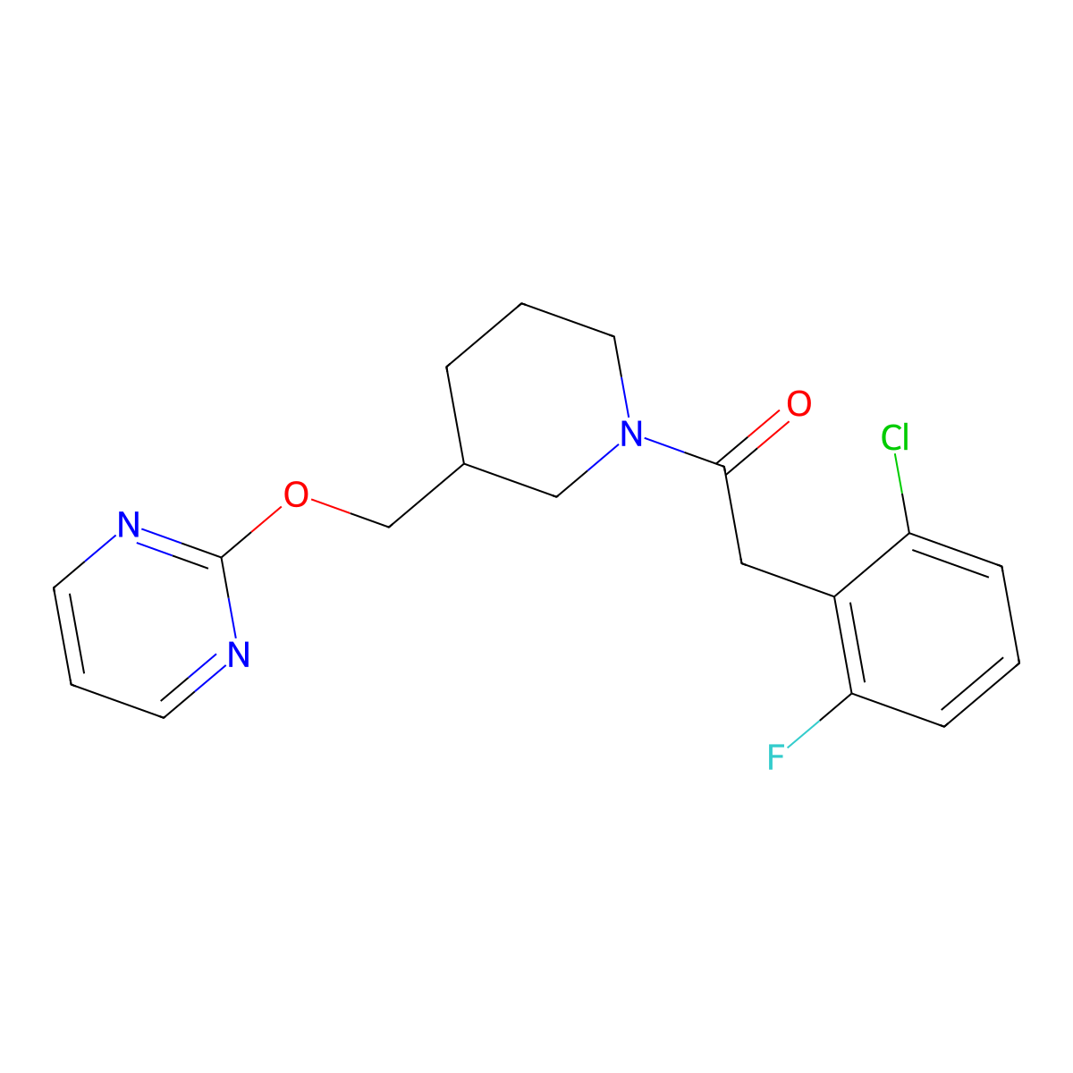 2-(2-Chloro-6-fluorophenyl)-1-{3-[(pyrimidin-2-yloxy)methyl]piperidin-1-yl}ethan-1-one molecular structure, CAS 2379977-49-6