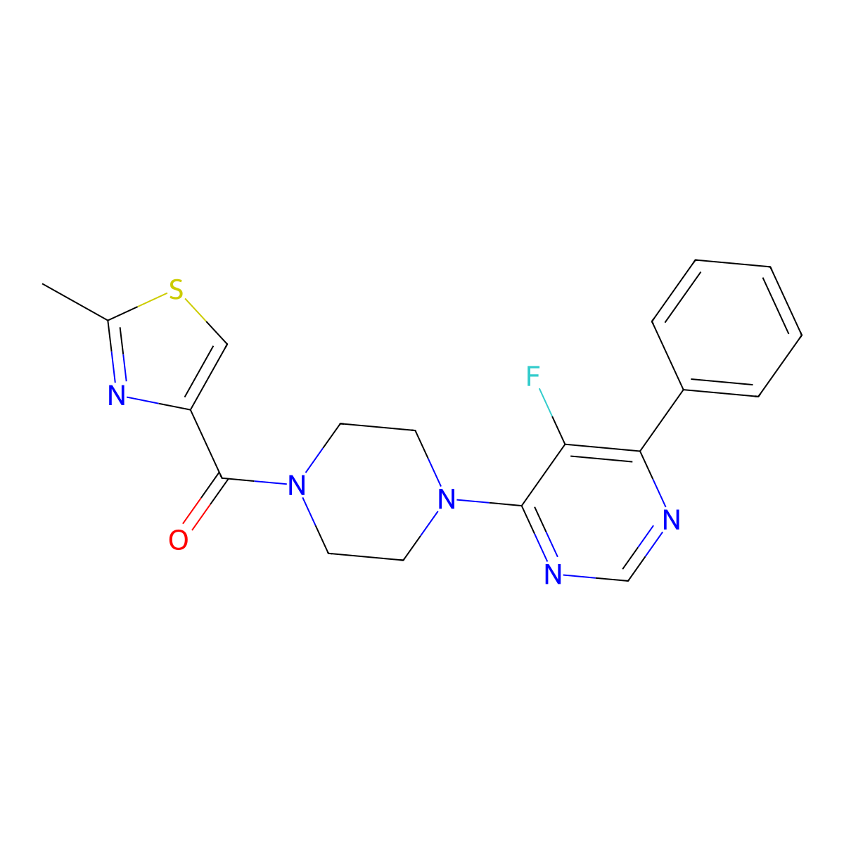 5-Fluoro-4-[4-(2-methyl-1,3-thiazole-4-carbonyl)piperazin-1-yl]-6-phenylpyrimidine molecular structure, CAS 2379977-50-9