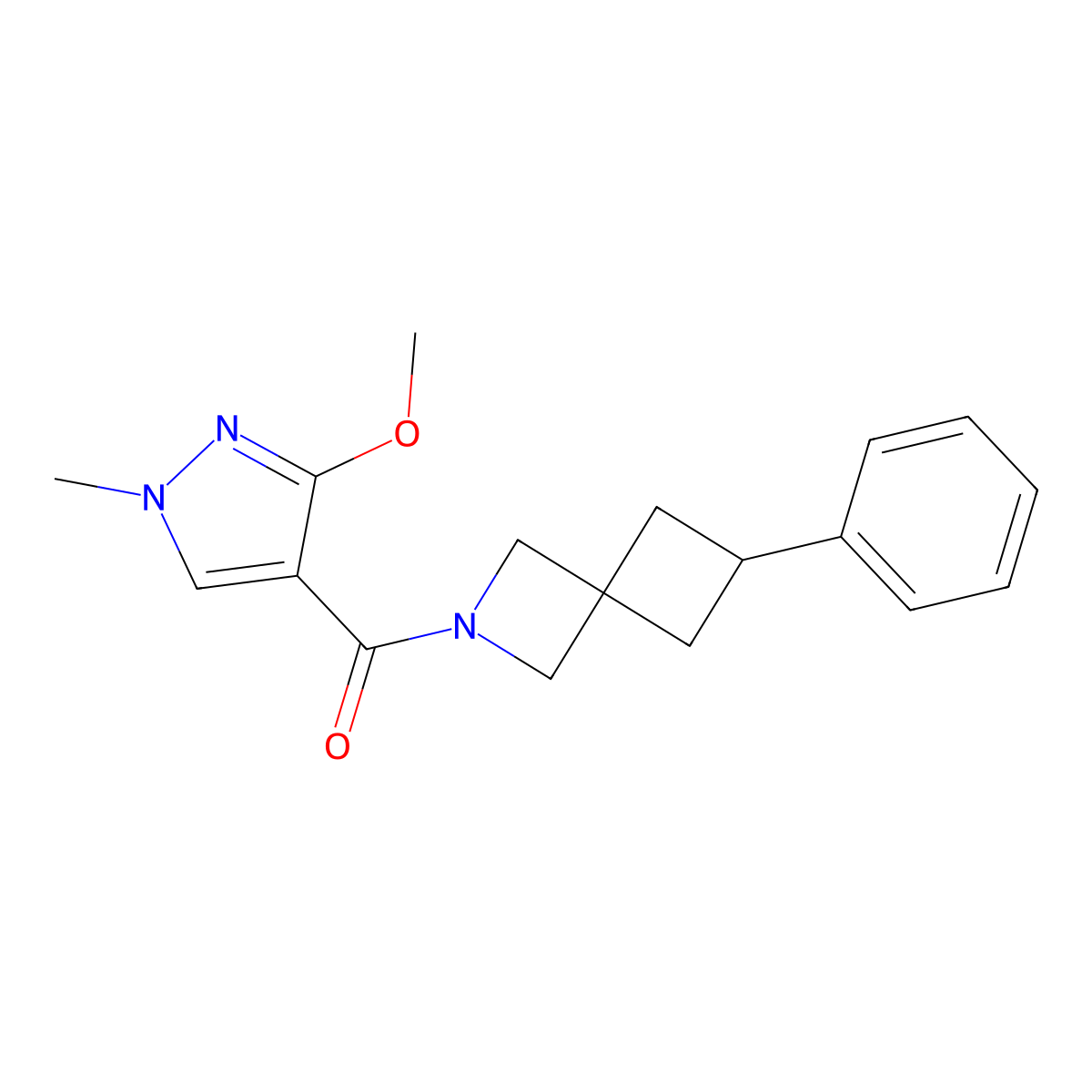 2-(3-methoxy-1-methyl-1H-pyrazole-4-carbonyl)-6-phenyl-2-azaspiro[3.3]heptane molecular structure, CAS 2379977-62-3