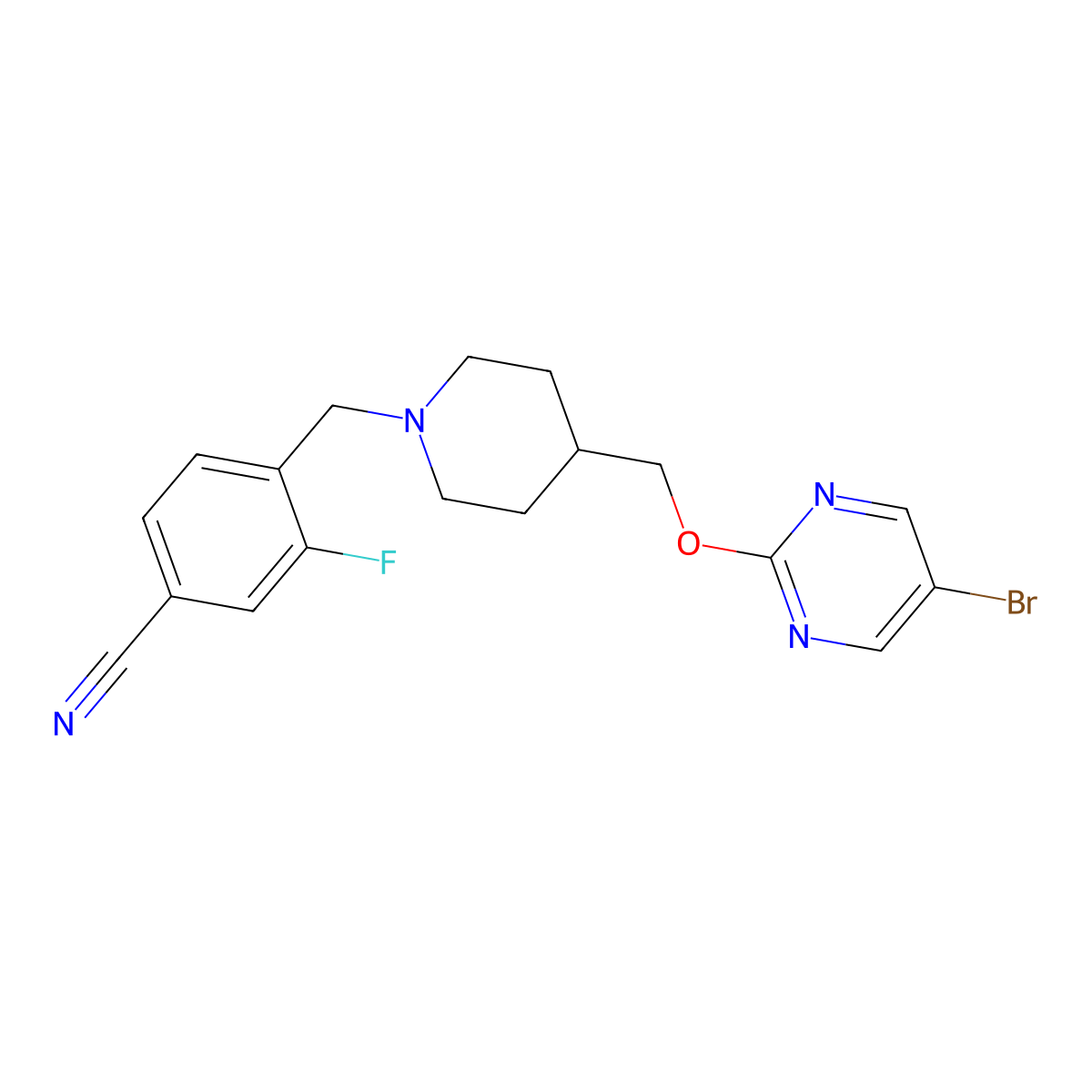4-[(4-{[(5-Bromopyrimidin-2-yl)oxy]methyl}piperidin-1-yl)methyl]-3-fluorobenzonitrile molecular structure, CAS 2379977-68-9