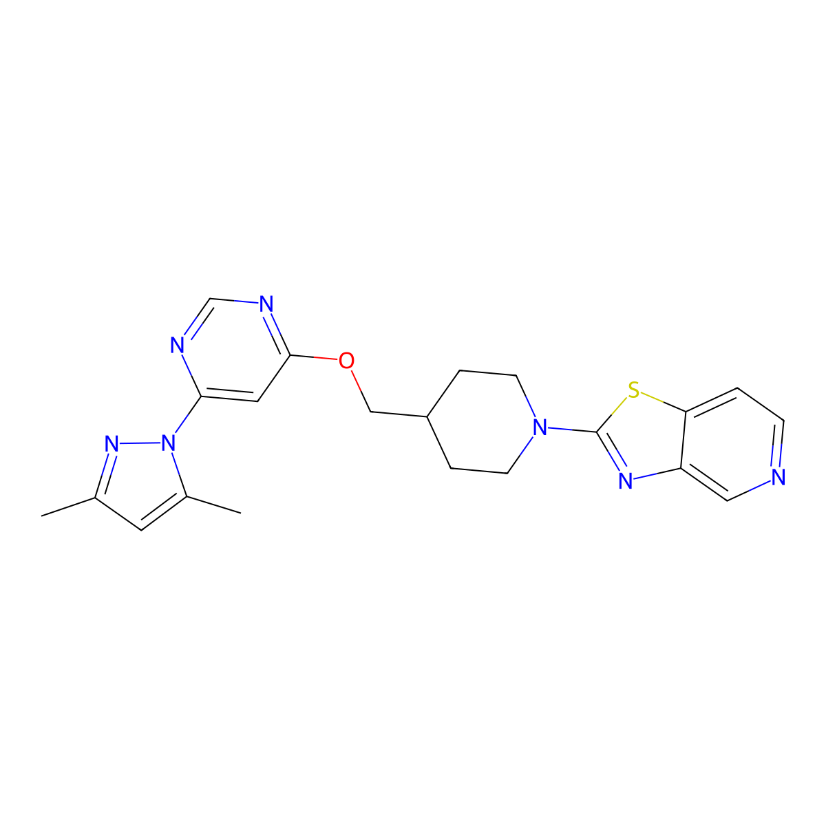 4-(3,5-dimethyl-1H-pyrazol-1-yl)-6-[(1-{[1,3]thiazolo[4,5-c]pyridin-2-yl}piperidin-4-yl)methoxy]pyrimidine molecular structure, CAS 2379977-77-0