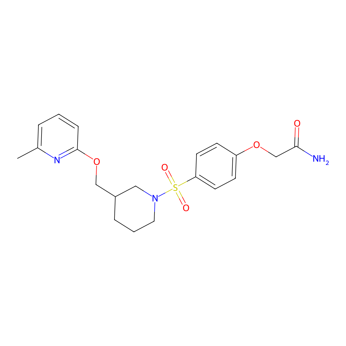 2-{4-[(3-{[(6-Methylpyridin-2-yl)oxy]methyl}piperidin-1-yl)sulfonyl]phenoxy}acetamide molecular structure, CAS 2379977-85-0