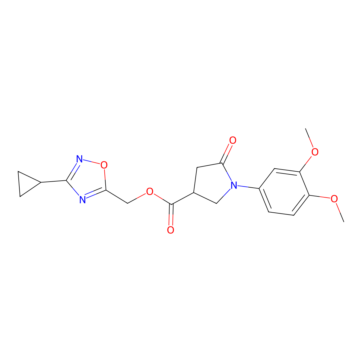 (3-Cyclopropyl-1,2,4-oxadiazol-5-yl)methyl 1-(3,4-dimethoxyphenyl)-5-oxopyrrolidine-3-carboxylate molecular structure, CAS 2379977-95-2