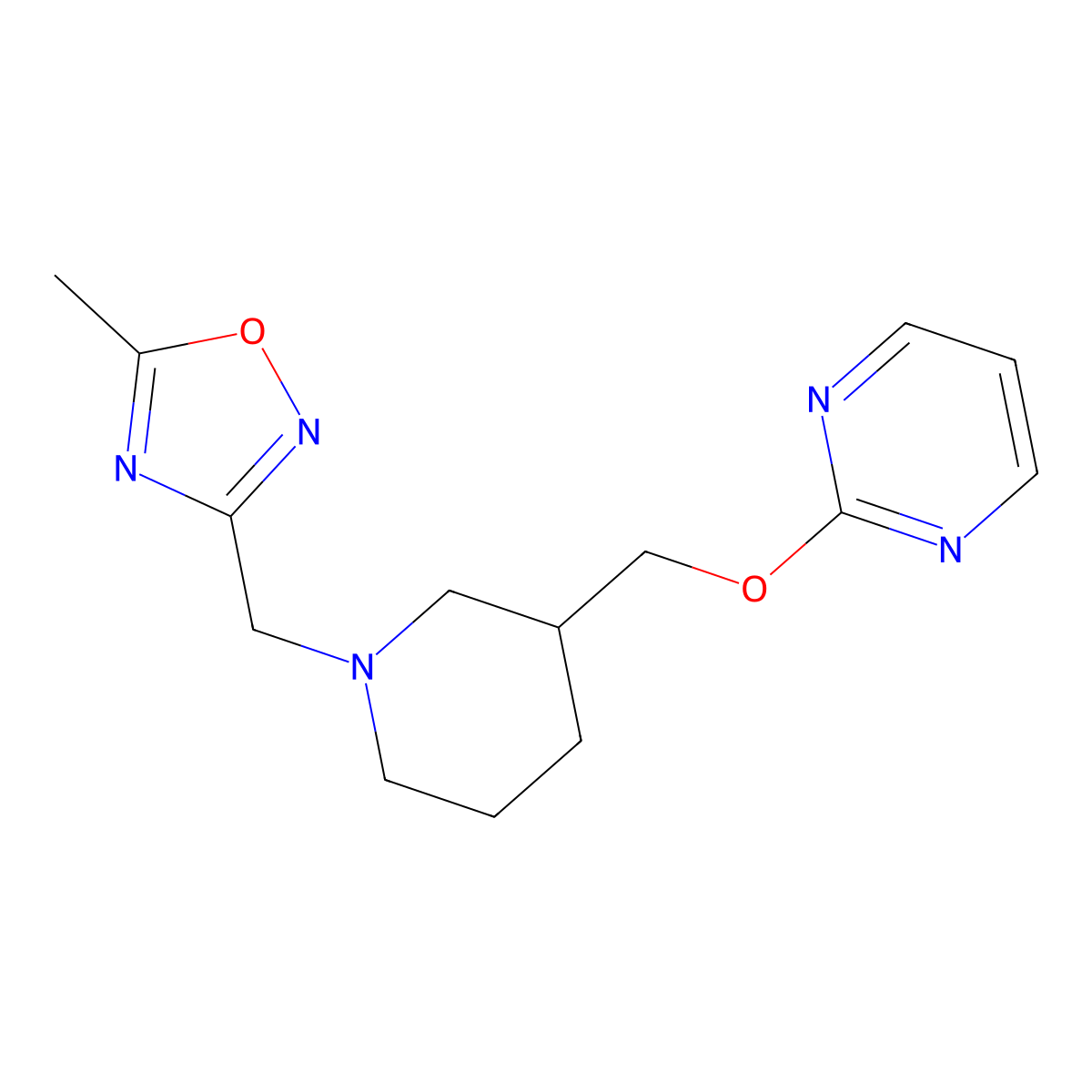 2-({1-[(5-Methyl-1,2,4-oxadiazol-3-yl)methyl]piperidin-3-yl}methoxy)pyrimidine molecular structure, CAS 2379978-07-9