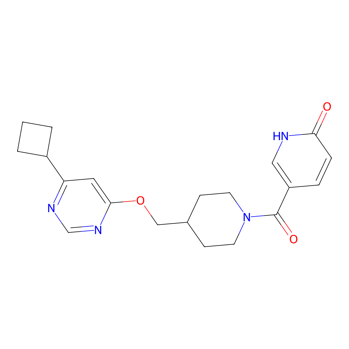 5-(4-{[(6-Cyclobutylpyrimidin-4-yl)oxy]methyl}piperidine-1-carbonyl)-1,2-dihydropyridin-2-one molecular structure, CAS 2379978-09-1