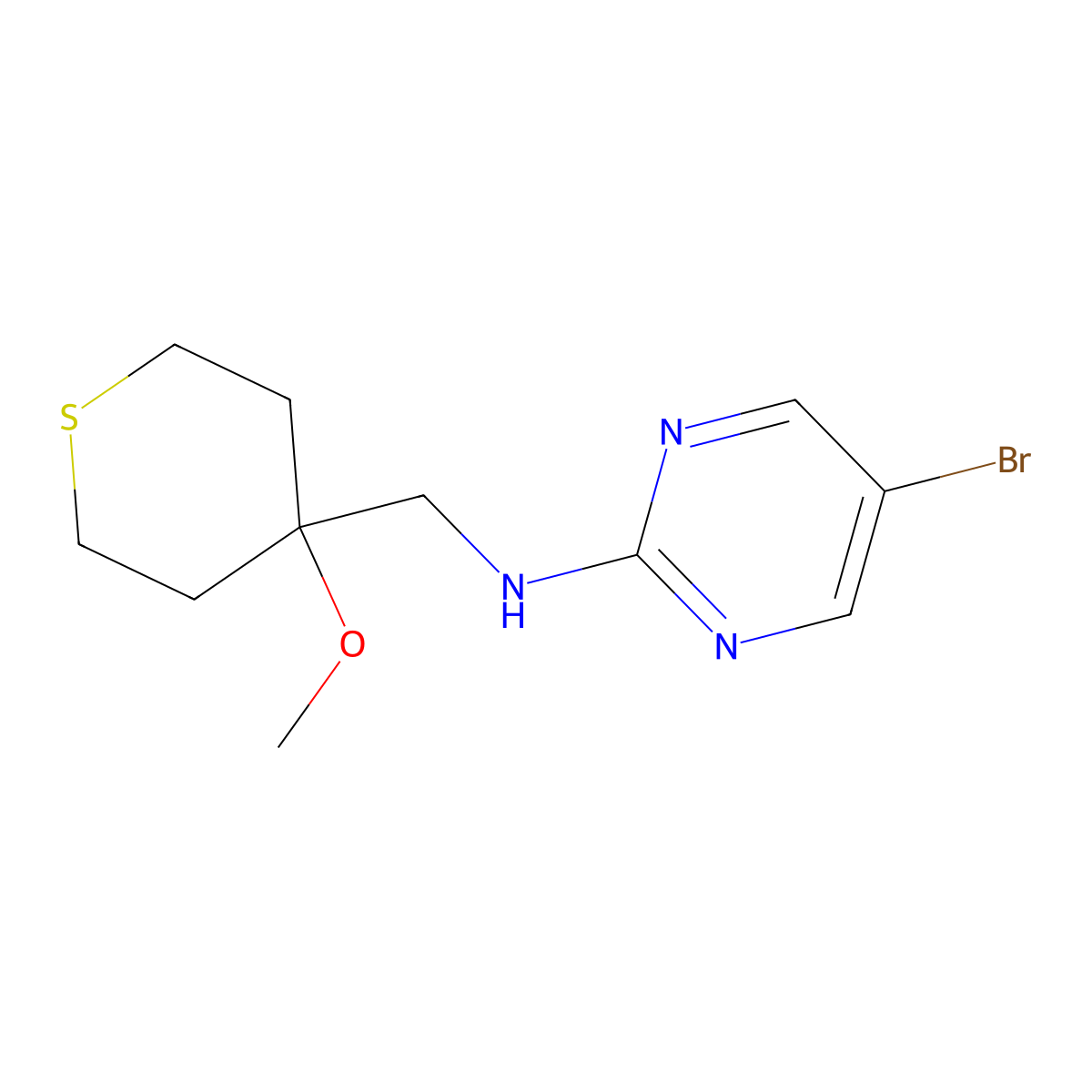 5-Bromo-N-[(4-methoxythian-4-yl)methyl]pyrimidin-2-amine molecular structure, CAS 2379978-12-6