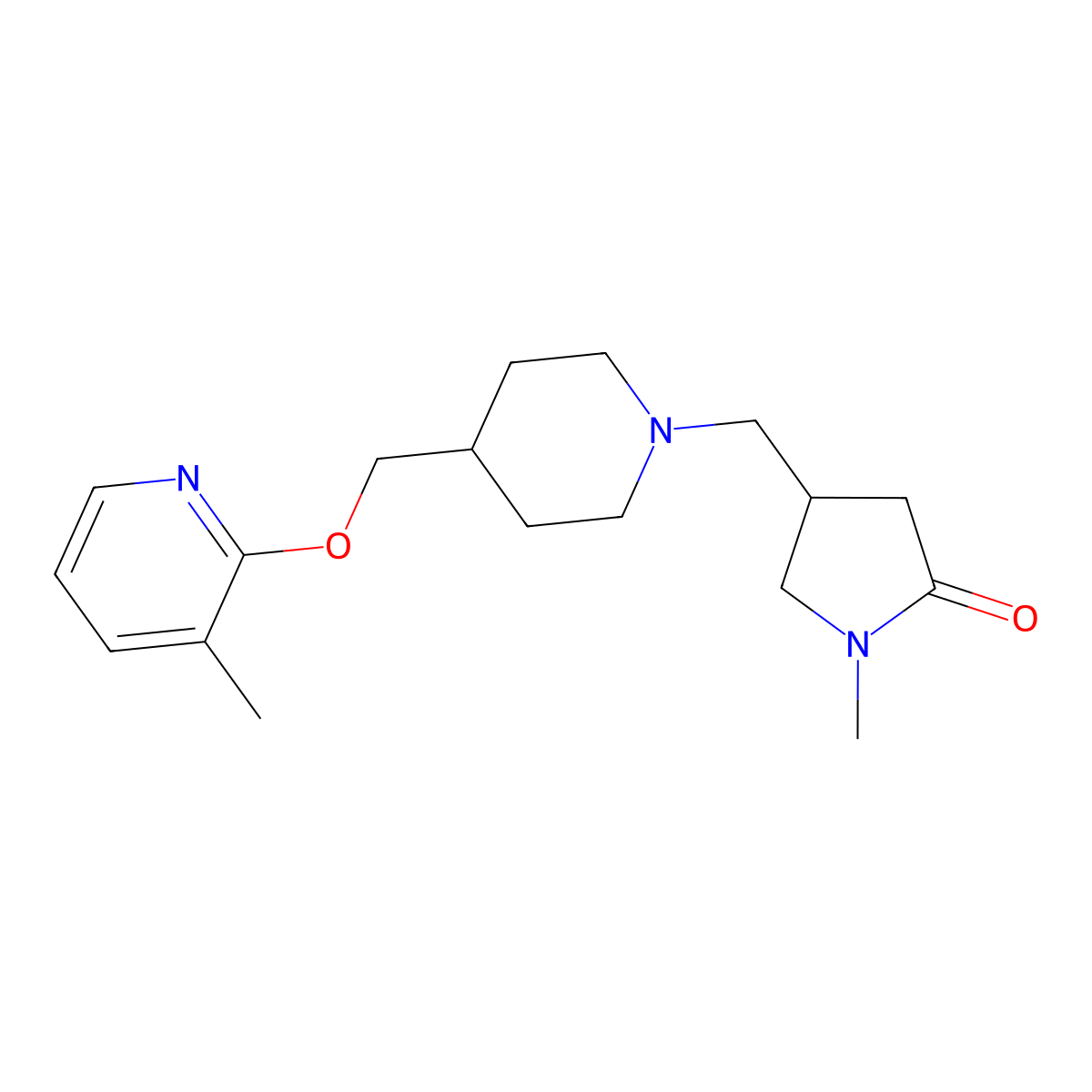 1-Methyl-4-[(4-{[(3-methylpyridin-2-yl)oxy]methyl}piperidin-1-yl)methyl]pyrrolidin-2-one molecular structure, CAS 2379978-15-9