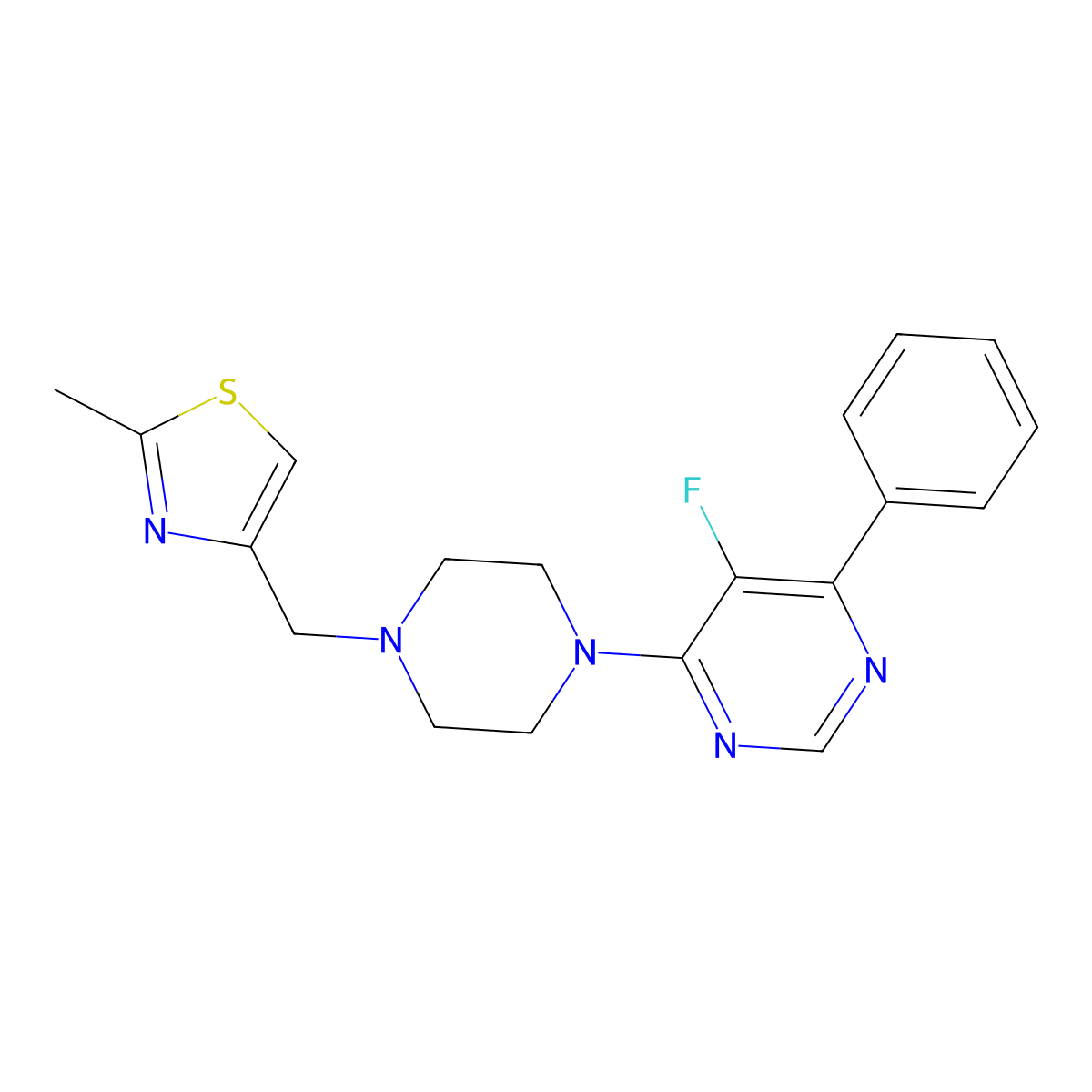 5-Fluoro-4-{4-[(2-methyl-1,3-thiazol-4-yl)methyl]piperazin-1-yl}-6-phenylpyrimidine molecular structure, CAS 2379978-28-4