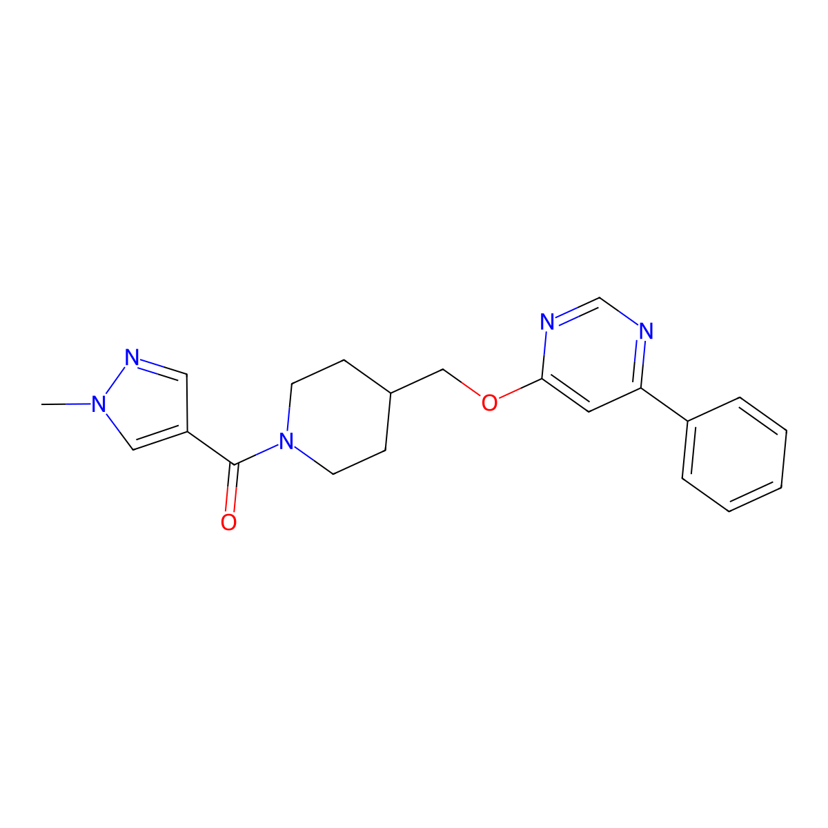 4-{[1-(1-methyl-1H-pyrazole-4-carbonyl)piperidin-4-yl]methoxy}-6-phenylpyrimidine molecular structure, CAS 2379978-32-0