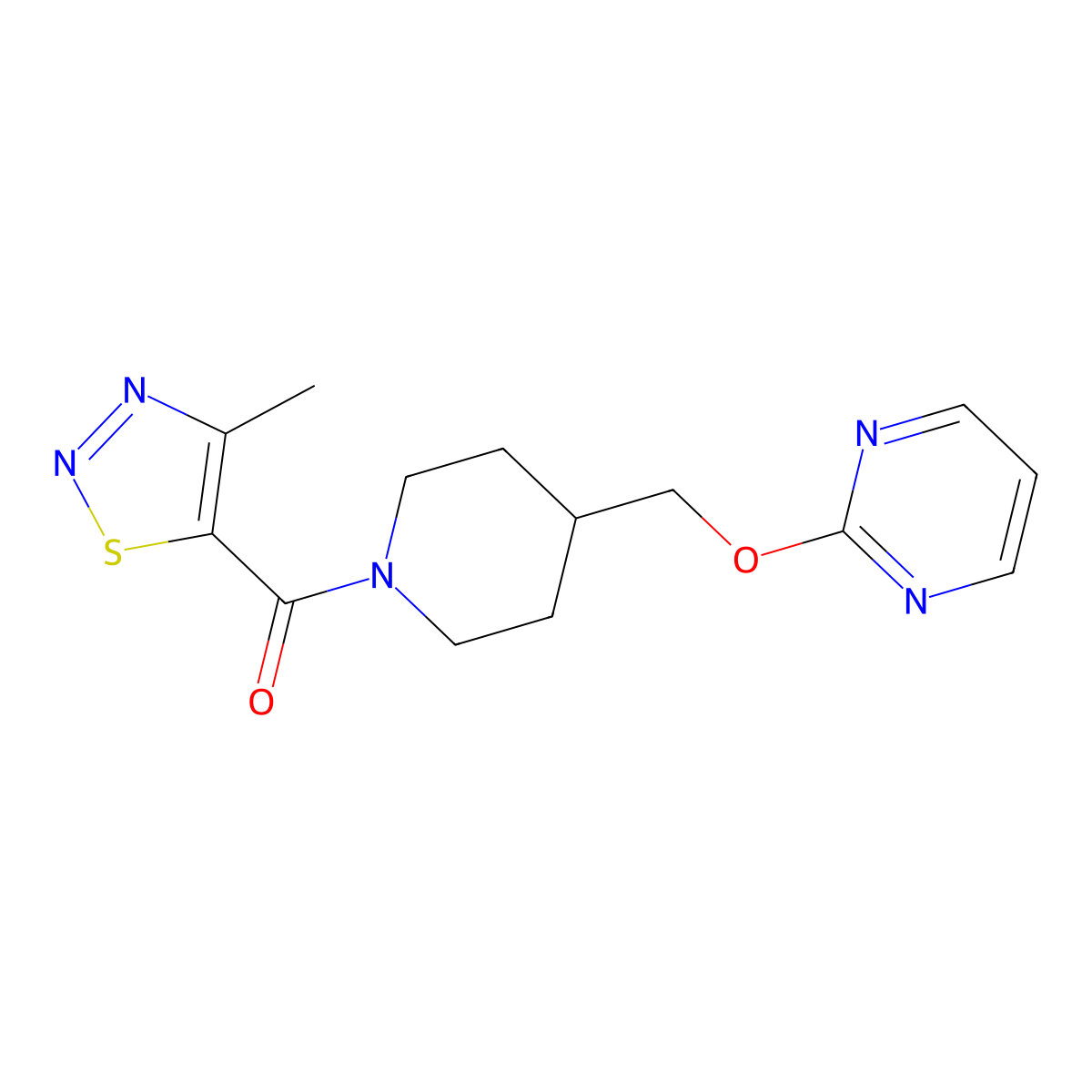 2-{[1-(4-Methyl-1,2,3-thiadiazole-5-carbonyl)piperidin-4-yl]methoxy}pyrimidine molecular structure, CAS 2379978-37-5