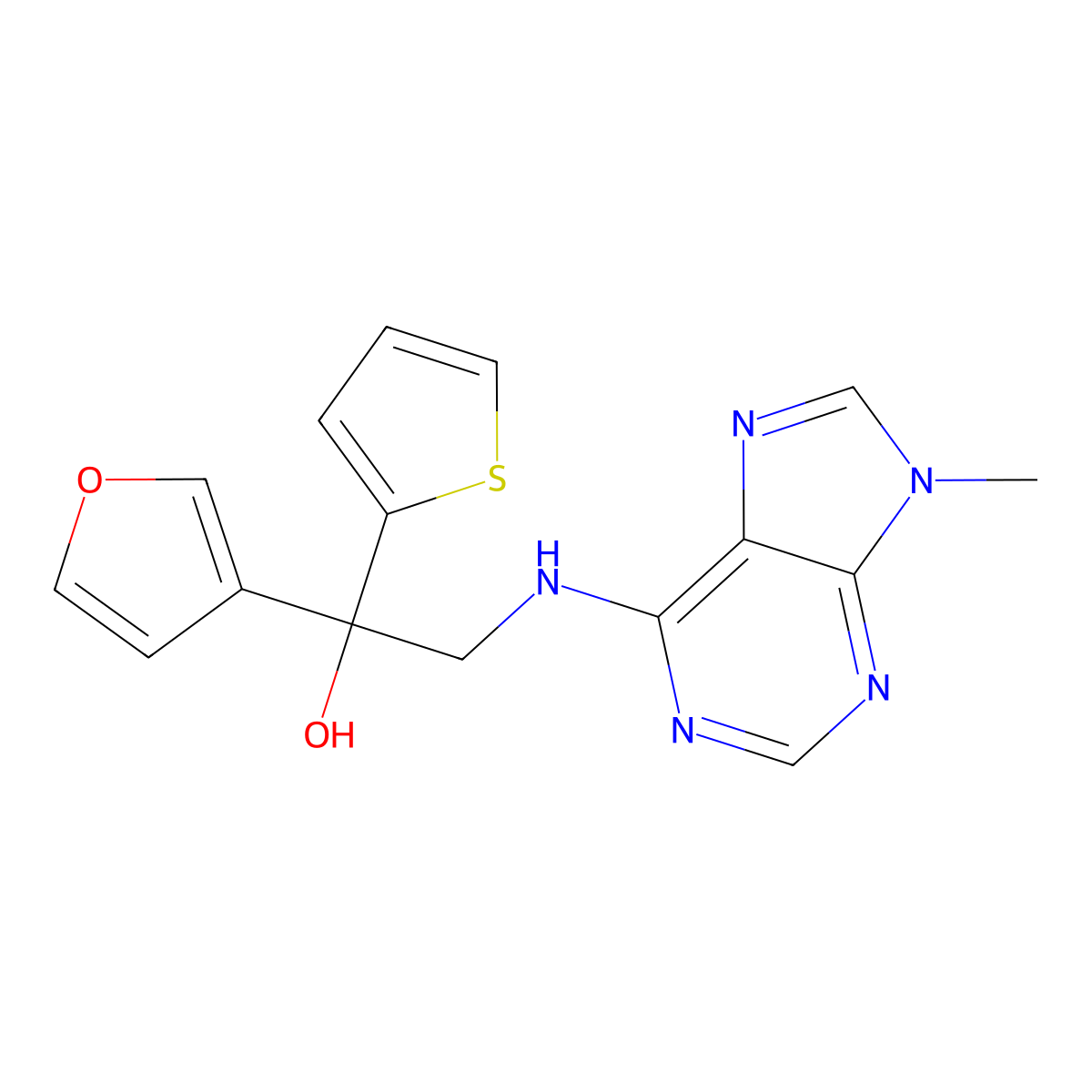 1-(furan-3-yl)-2-[(9-methyl-9H-purin-6-yl)amino]-1-(thiophen-2-yl)ethan-1-ol molecular structure, CAS 2379978-38-6