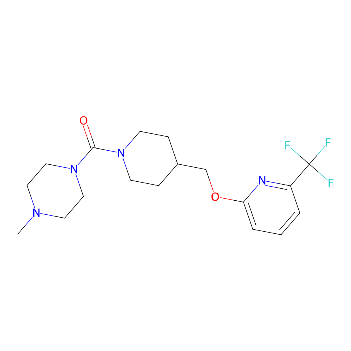 1-Methyl-4-[4-({[6-(trifluoromethyl)pyridin-2-yl]oxy}methyl)piperidine-1-carbonyl]piperazine molecular structure, CAS 2379978-46-6