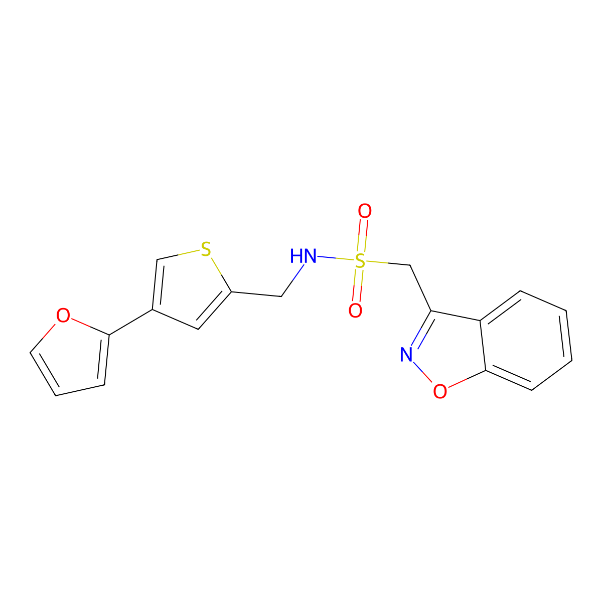1-(1,2-benzoxazol-3-yl)-N-{[4-(furan-2-yl)thiophen-2-yl]methyl}methanesulfonamide molecular structure, CAS 2379978-50-2