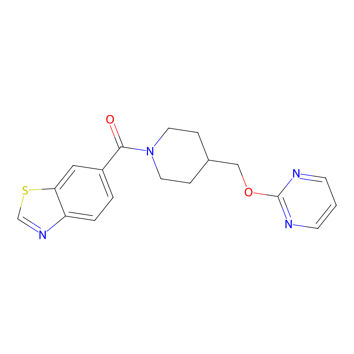 6-{4-[(Pyrimidin-2-yloxy)methyl]piperidine-1-carbonyl}-1,3-benzothiazole molecular structure, CAS 2379978-55-7