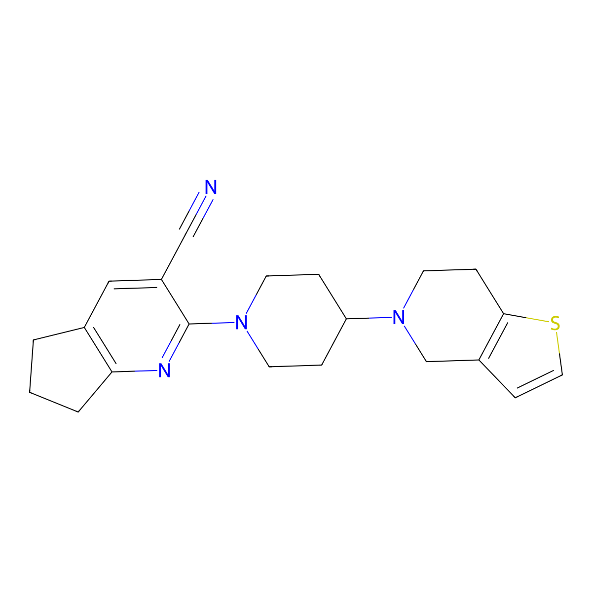 2-(4-{4H,5H,6H,7H-thieno[3,2-c]pyridin-5-yl}piperidin-1-yl)-5H,6H,7H-cyclopenta[b]pyridine-3-carbonitrile molecular structure, CAS 2379978-56-8
