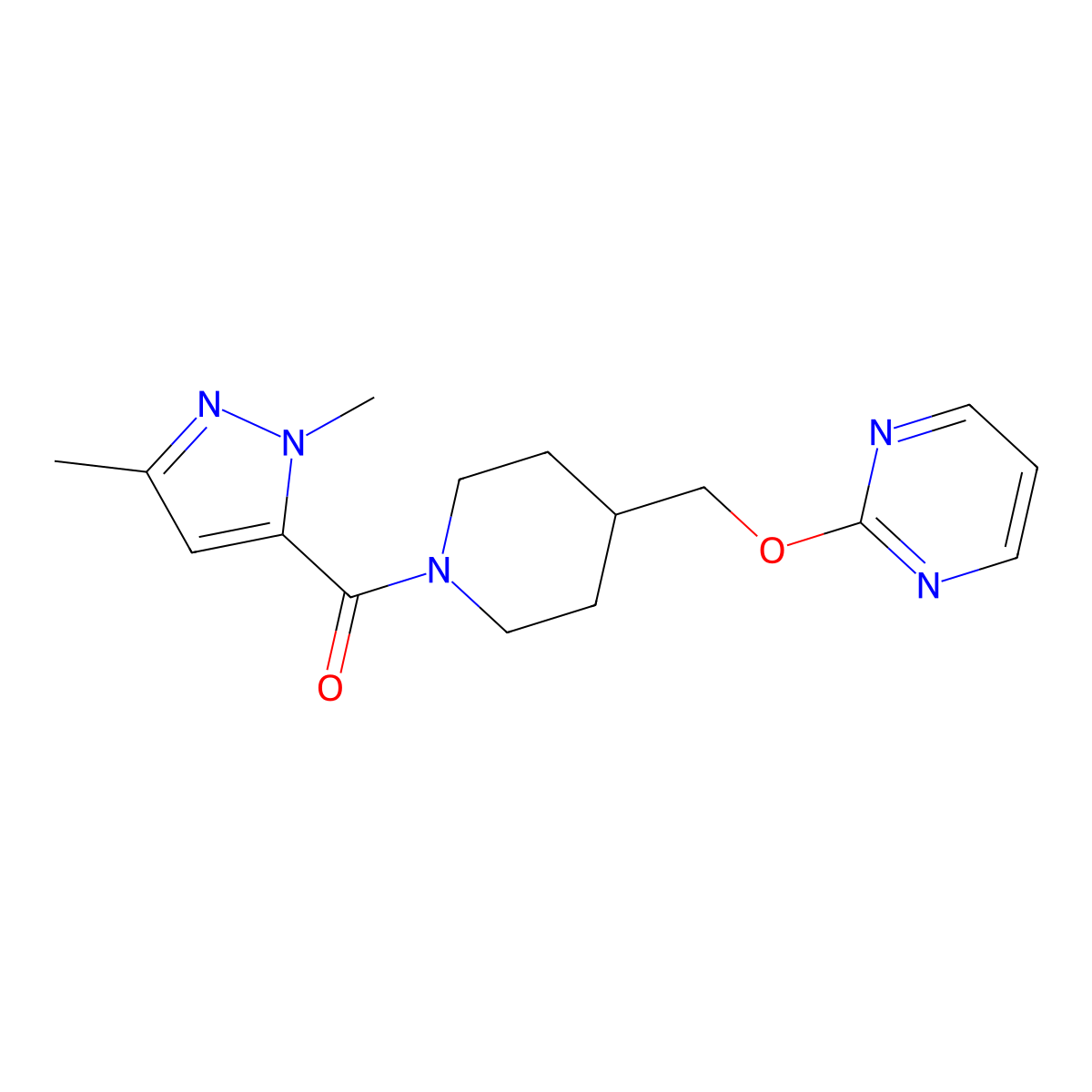 2-{[1-(1,3-dimethyl-1H-pyrazole-5-carbonyl)piperidin-4-yl]methoxy}pyrimidine molecular structure, CAS 2379978-57-9