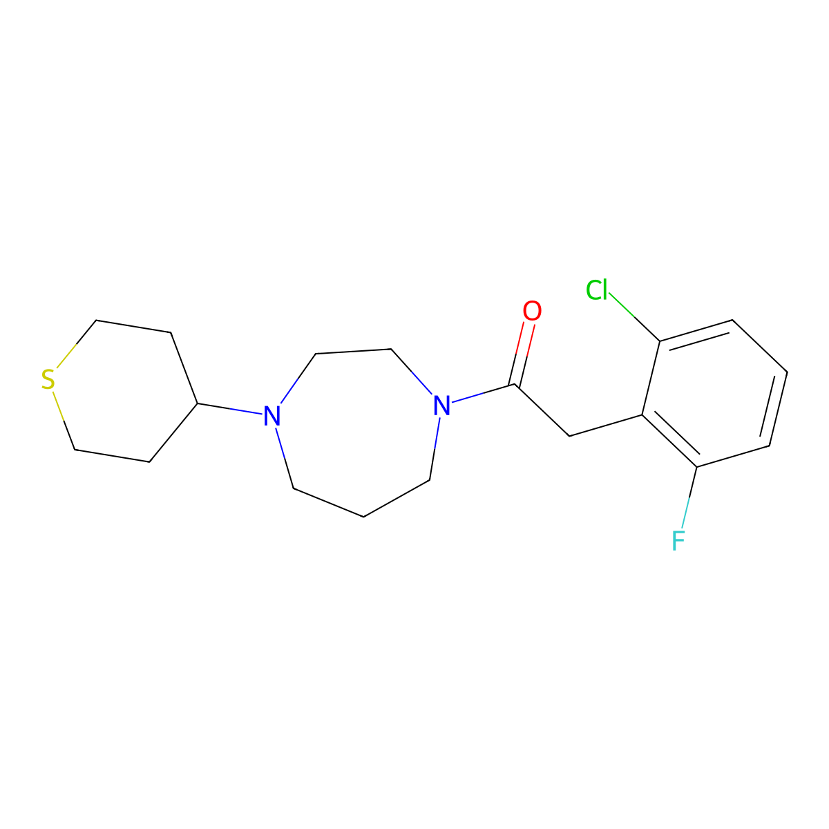2-(2-Chloro-6-fluorophenyl)-1-[4-(thian-4-yl)-1,4-diazepan-1-yl]ethan-1-one molecular structure, CAS 2379978-73-9