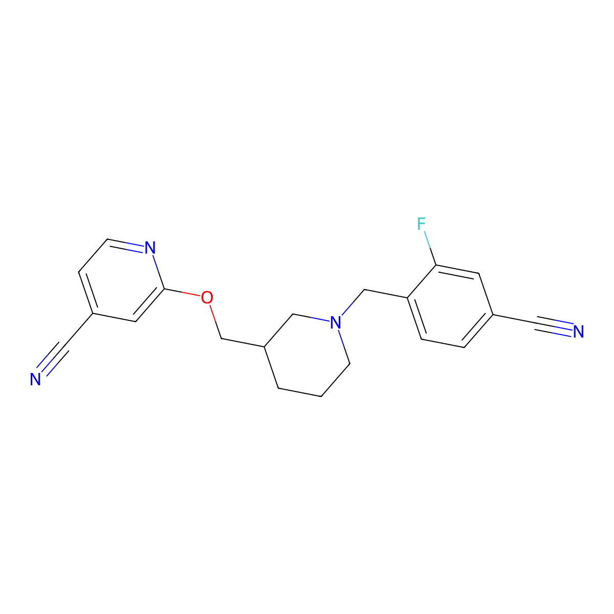 2-({1-[(4-Cyano-2-fluorophenyl)methyl]piperidin-3-yl}methoxy)pyridine-4-carbonitrile molecular structure, CAS 2379978-74-0