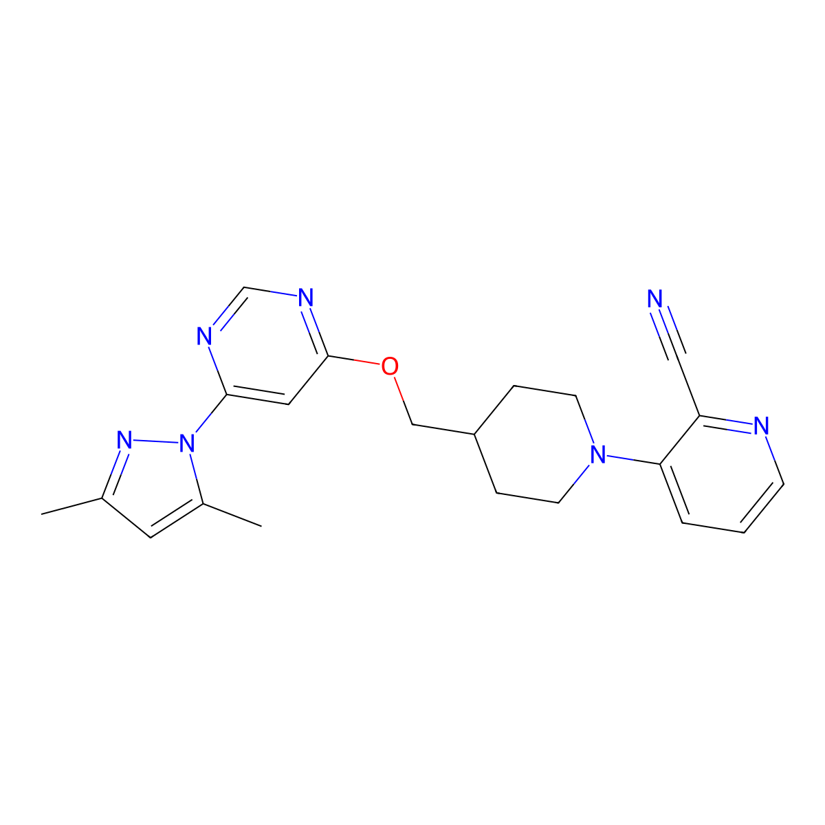 3-[4-({[6-(3,5-dimethyl-1H-pyrazol-1-yl)pyrimidin-4-yl]oxy}methyl)piperidin-1-yl]pyridine-2-carbonitrile molecular structure, CAS 2379978-91-1