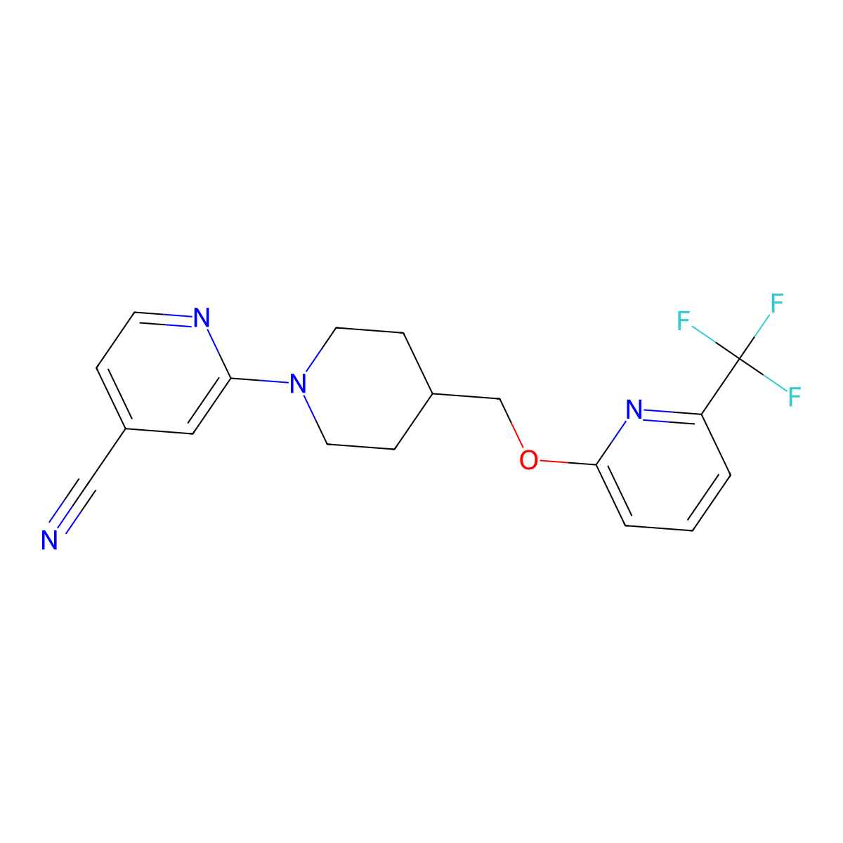2-[4-({[6-(Trifluoromethyl)pyridin-2-yl]oxy}methyl)piperidin-1-yl]pyridine-4-carbonitrile molecular structure, CAS 2379983-63-6
