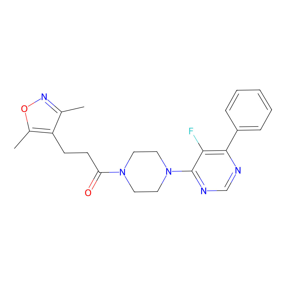3-(3,5-Dimethyl-1,2-oxazol-4-yl)-1-[4-(5-fluoro-6-phenylpyrimidin-4-yl)piperazin-1-yl]propan-1-one molecular structure, CAS 2379983-73-8