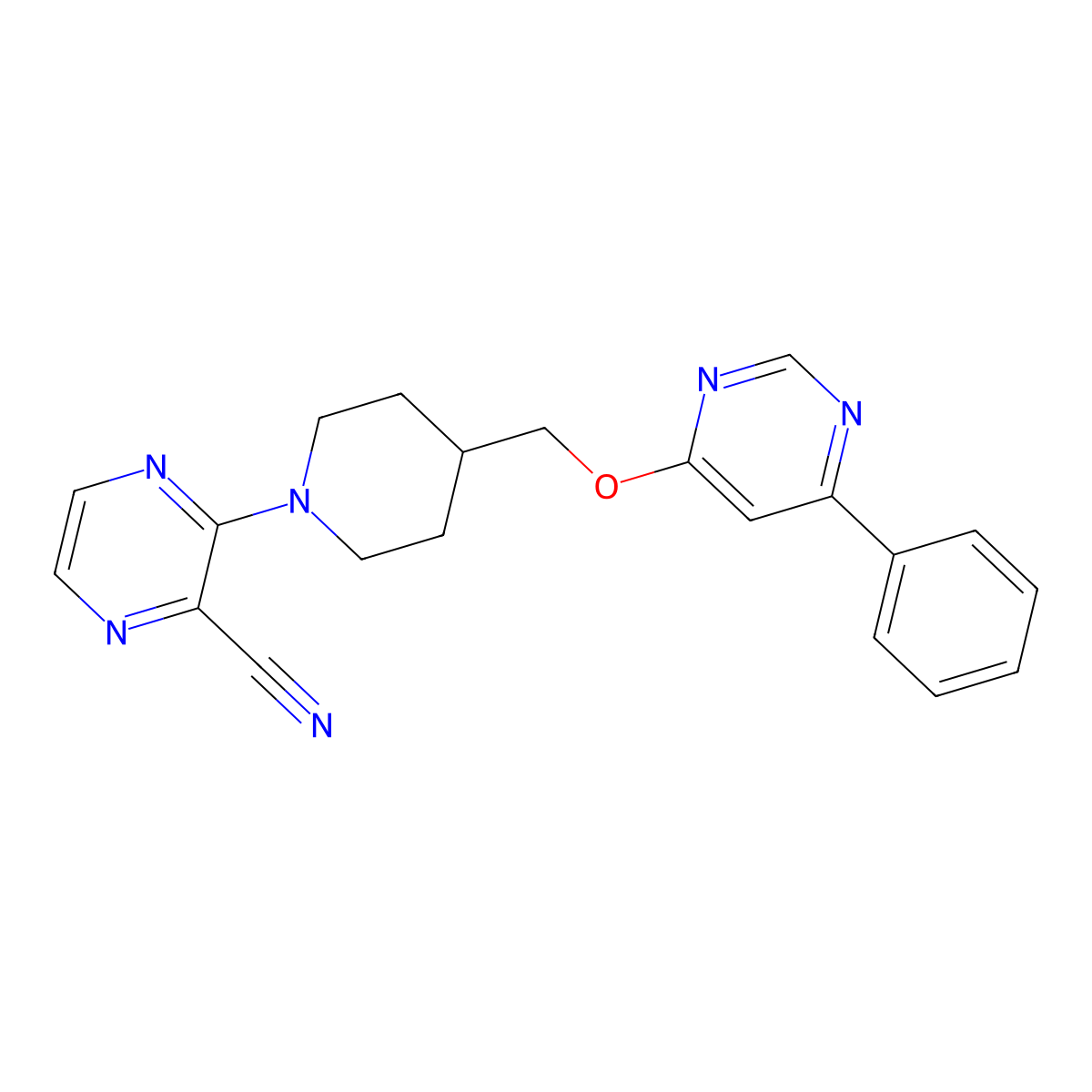 3-(4-{[(6-Phenylpyrimidin-4-yl)oxy]methyl}piperidin-1-yl)pyrazine-2-carbonitrile molecular structure, CAS 2379983-75-0