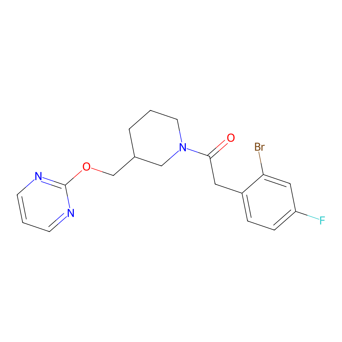 2-(2-Bromo-4-fluorophenyl)-1-{3-[(pyrimidin-2-yloxy)methyl]piperidin-1-yl}ethan-1-one molecular structure, CAS 2379983-93-2