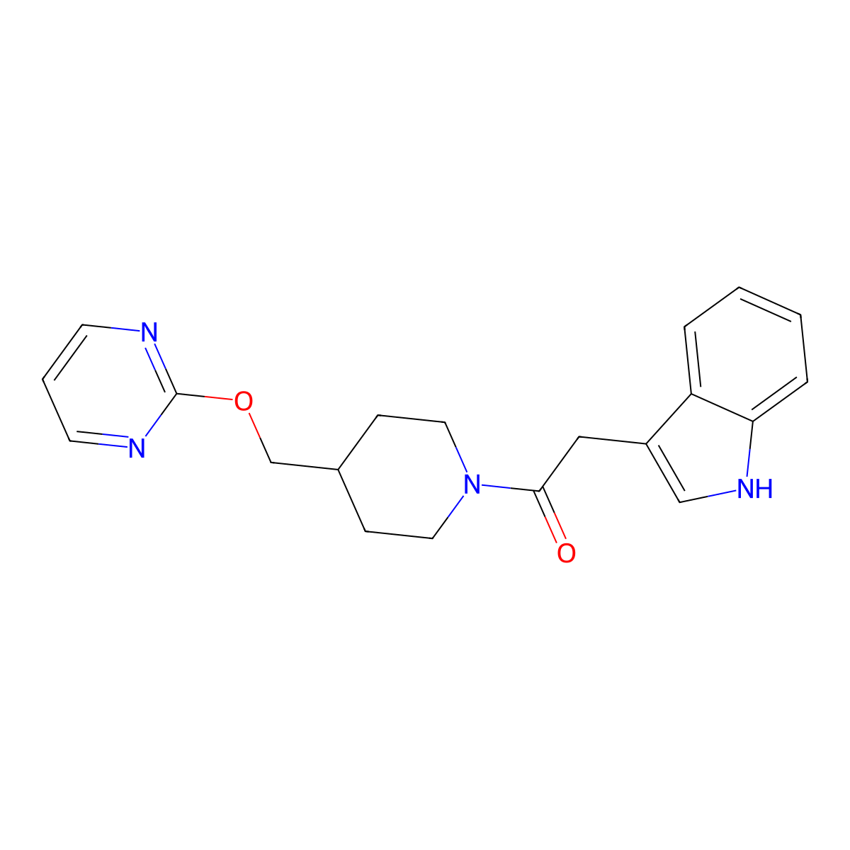 2-(1H-indol-3-yl)-1-{4-[(pyrimidin-2-yloxy)methyl]piperidin-1-yl}ethan-1-one molecular structure, CAS 2379983-97-6