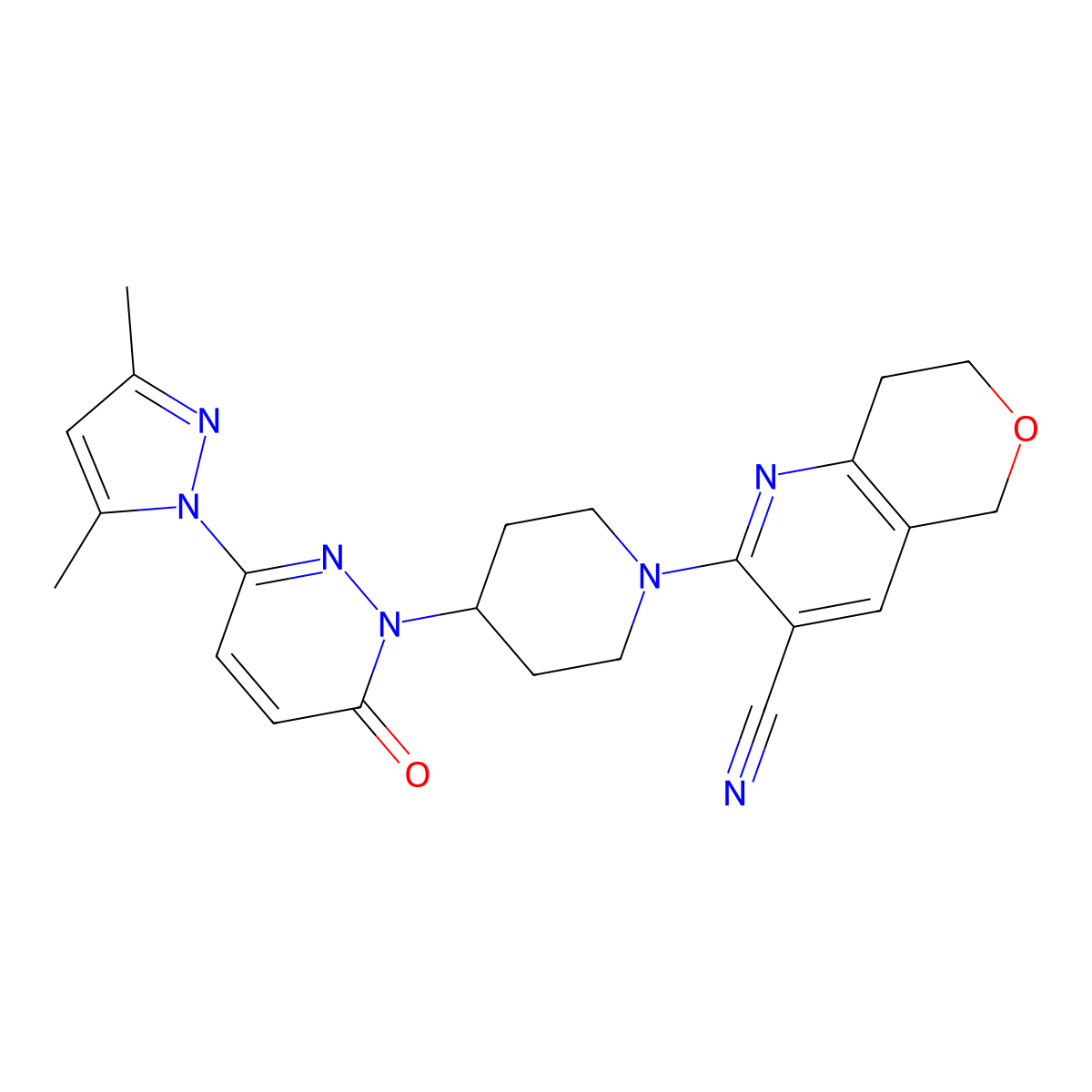 2-[4-[3-(3,5-Dimethylpyrazol-1-yl)-6-oxopyridazin-1-yl]piperidin-1-yl]-7,8-dihydro-5H-pyrano[4,3-b]pyridine-3-carbonitrile molecular structure, CAS 2379984-00-4