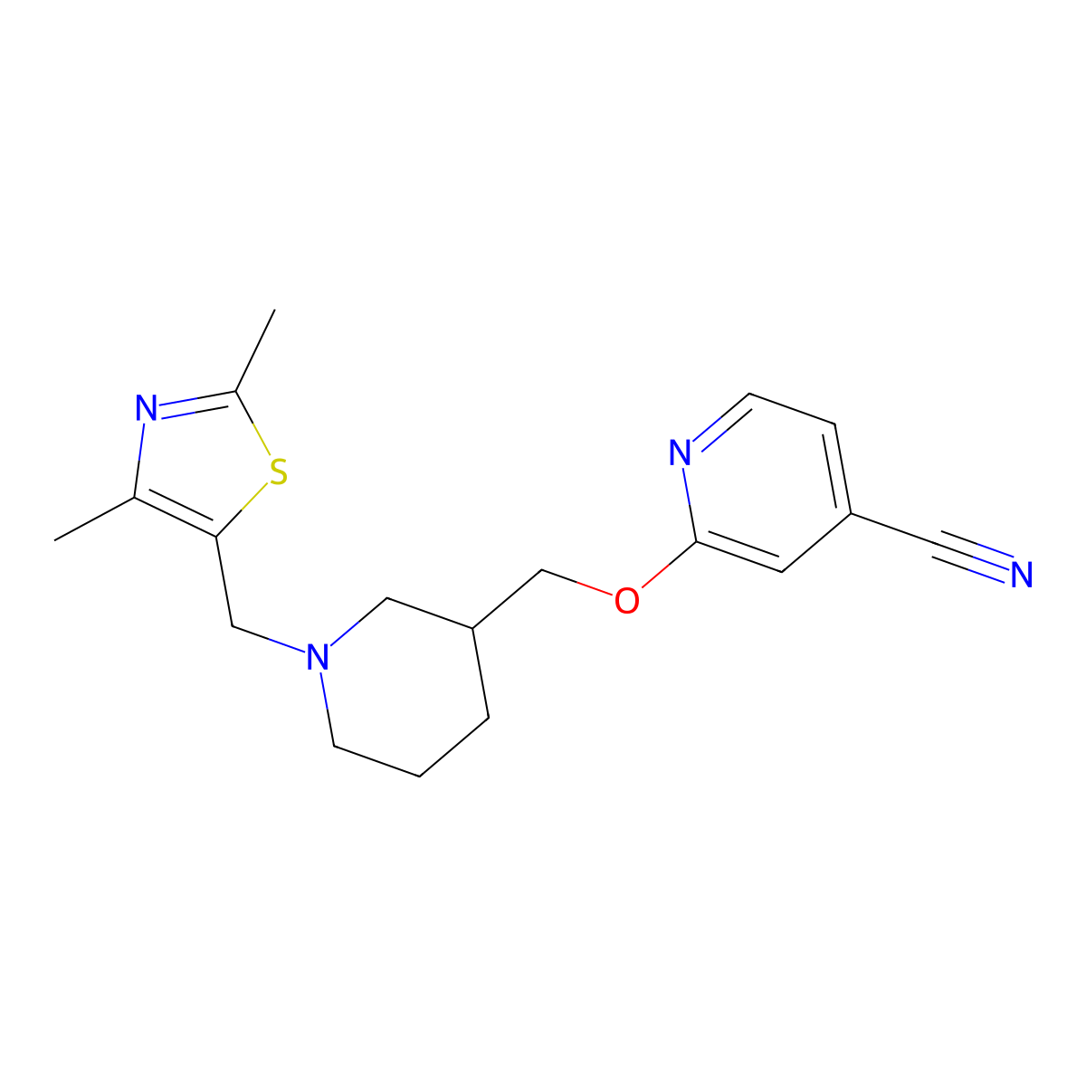 2-({1-[(2,4-Dimethyl-1,3-thiazol-5-yl)methyl]piperidin-3-yl}methoxy)pyridine-4-carbonitrile molecular structure, CAS 2379984-10-6