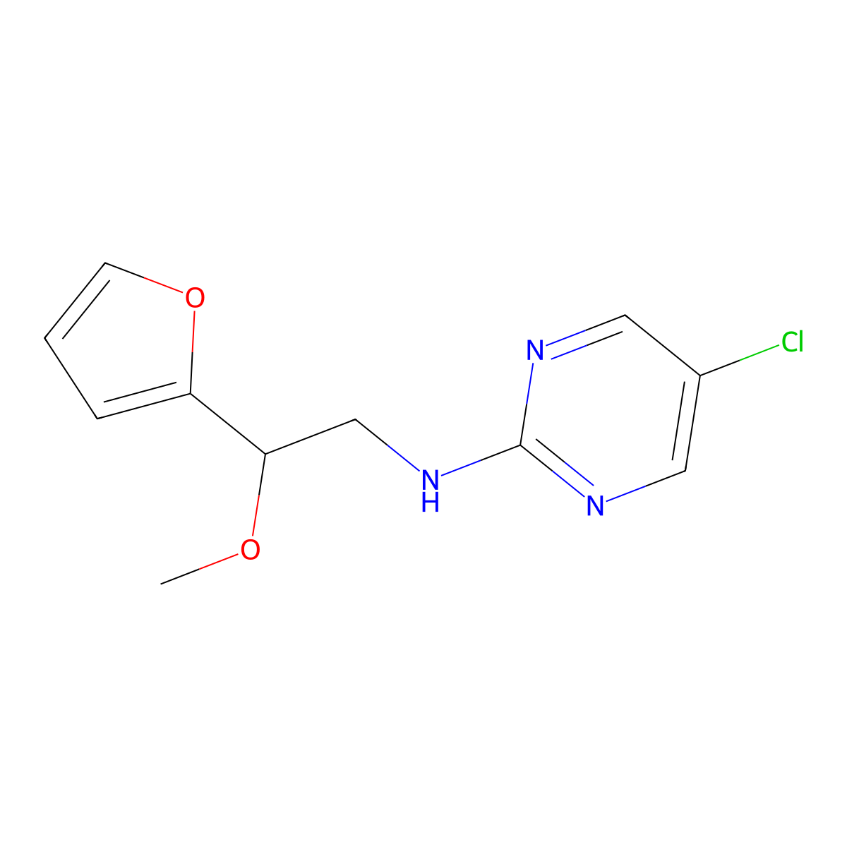 5-Chloro-N-[2-(furan-2-yl)-2-methoxyethyl]pyrimidin-2-amine molecular structure, CAS 2379984-12-8