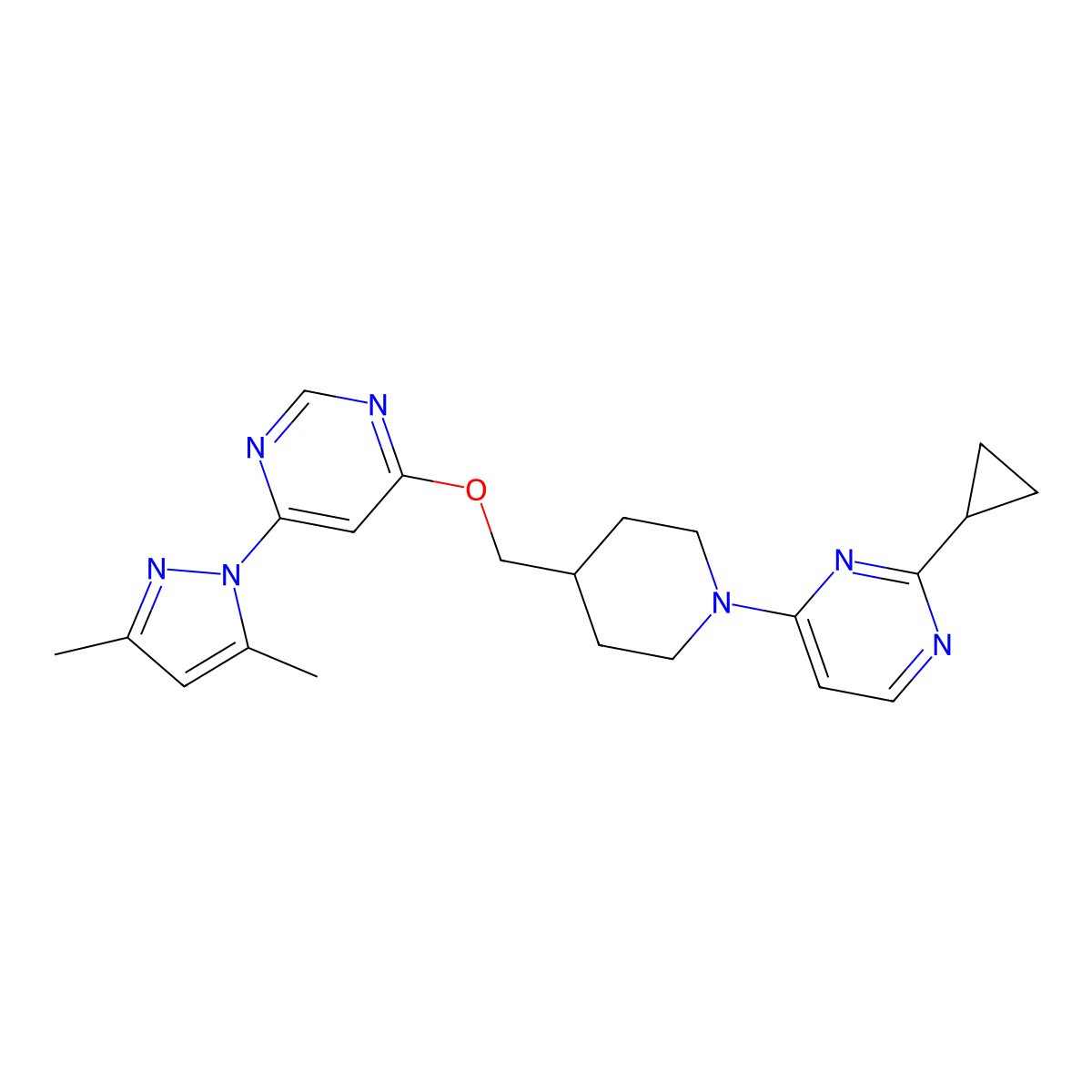 2-cyclopropyl-4-[4-({[6-(3,5-dimethyl-1H-pyrazol-1-yl)pyrimidin-4-yl]oxy}methyl)piperidin-1-yl]pyrimidine molecular structure, CAS 2379984-14-0
