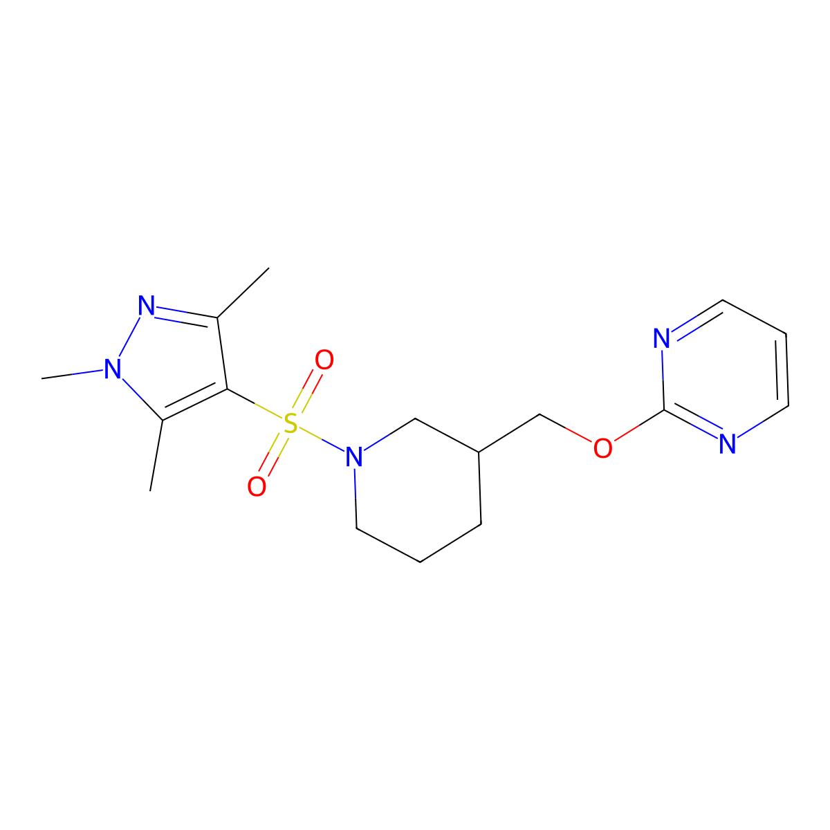 2-({1-[(1,3,5-trimethyl-1H-pyrazol-4-yl)sulfonyl]piperidin-3-yl}methoxy)pyrimidine molecular structure, CAS 2379984-18-4