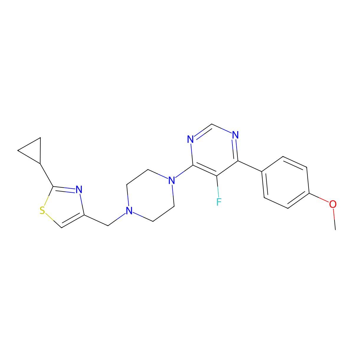 4-{4-[(2-Cyclopropyl-1,3-thiazol-4-yl)methyl]piperazin-1-yl}-5-fluoro-6-(4-methoxyphenyl)pyrimidine molecular structure, CAS 2379984-20-8