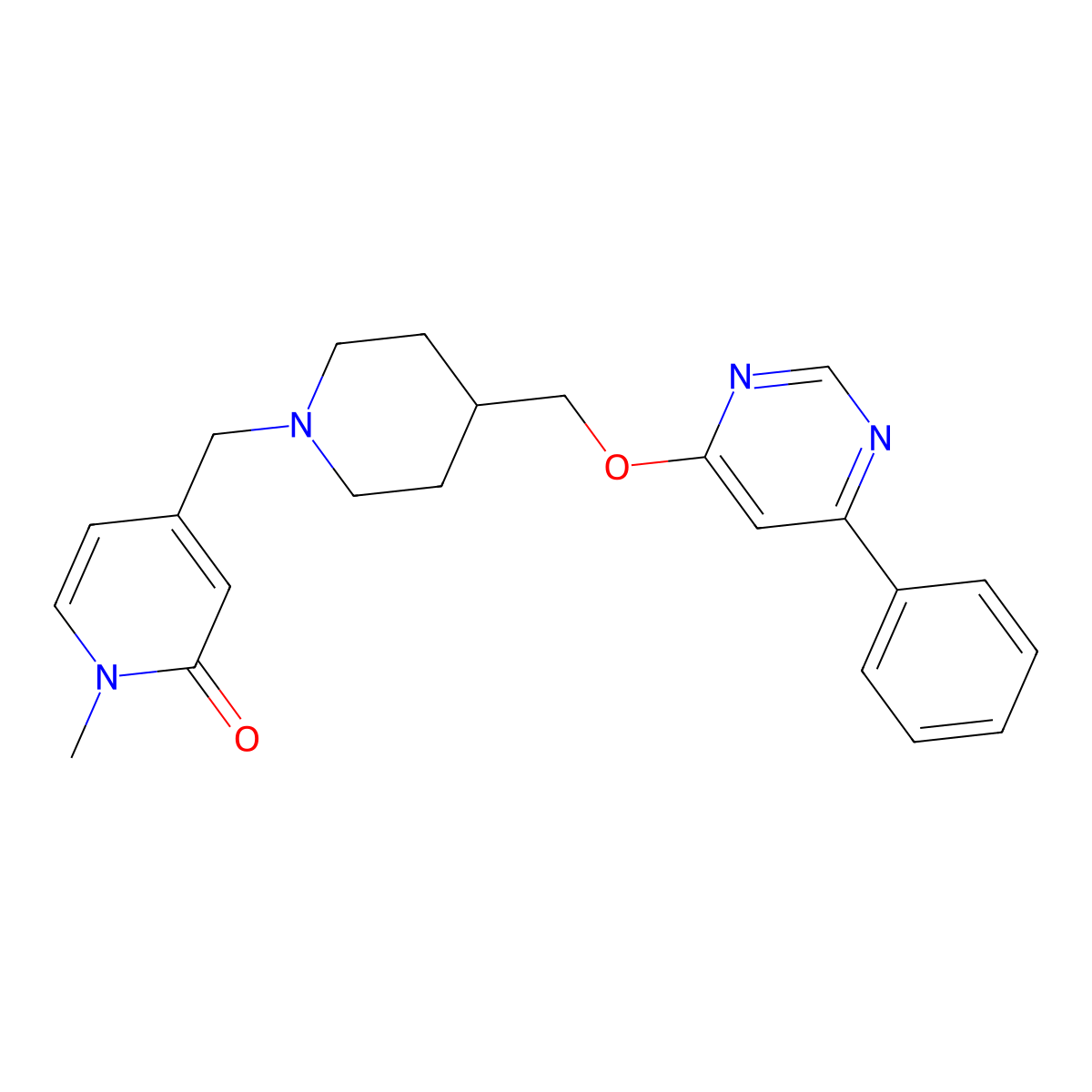 1-Methyl-4-[(4-{[(6-phenylpyrimidin-4-yl)oxy]methyl}piperidin-1-yl)methyl]-1,2-dihydropyridin-2-one molecular structure, CAS 2379984-23-1